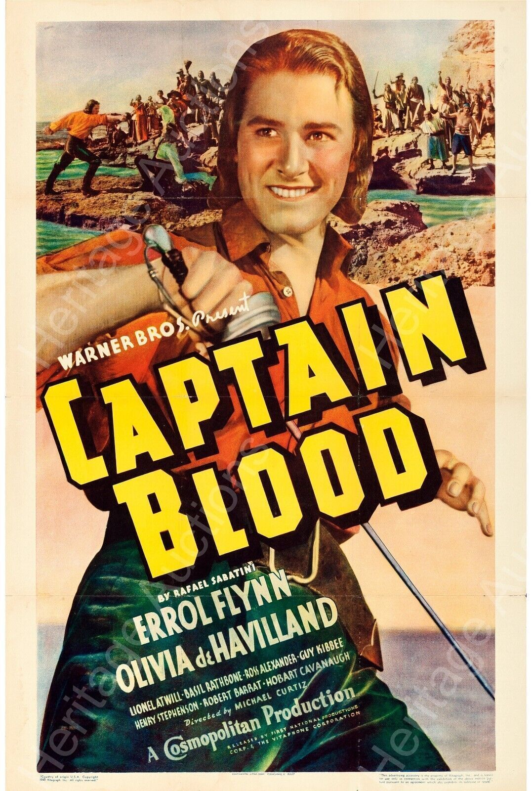 CAPITAINE BLOOD, ERROL FLYNN, OLIVIA DE HAVILLAND, 1935, REPRO MOVIE POSTER, VINTAGE, HQ