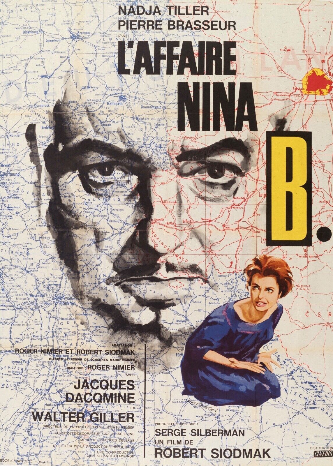 L’AFFAIRE NINA B, PIERRE BRASSEUR, 1961, REPRO MOVIE POSTER, VINTAGE, HQ