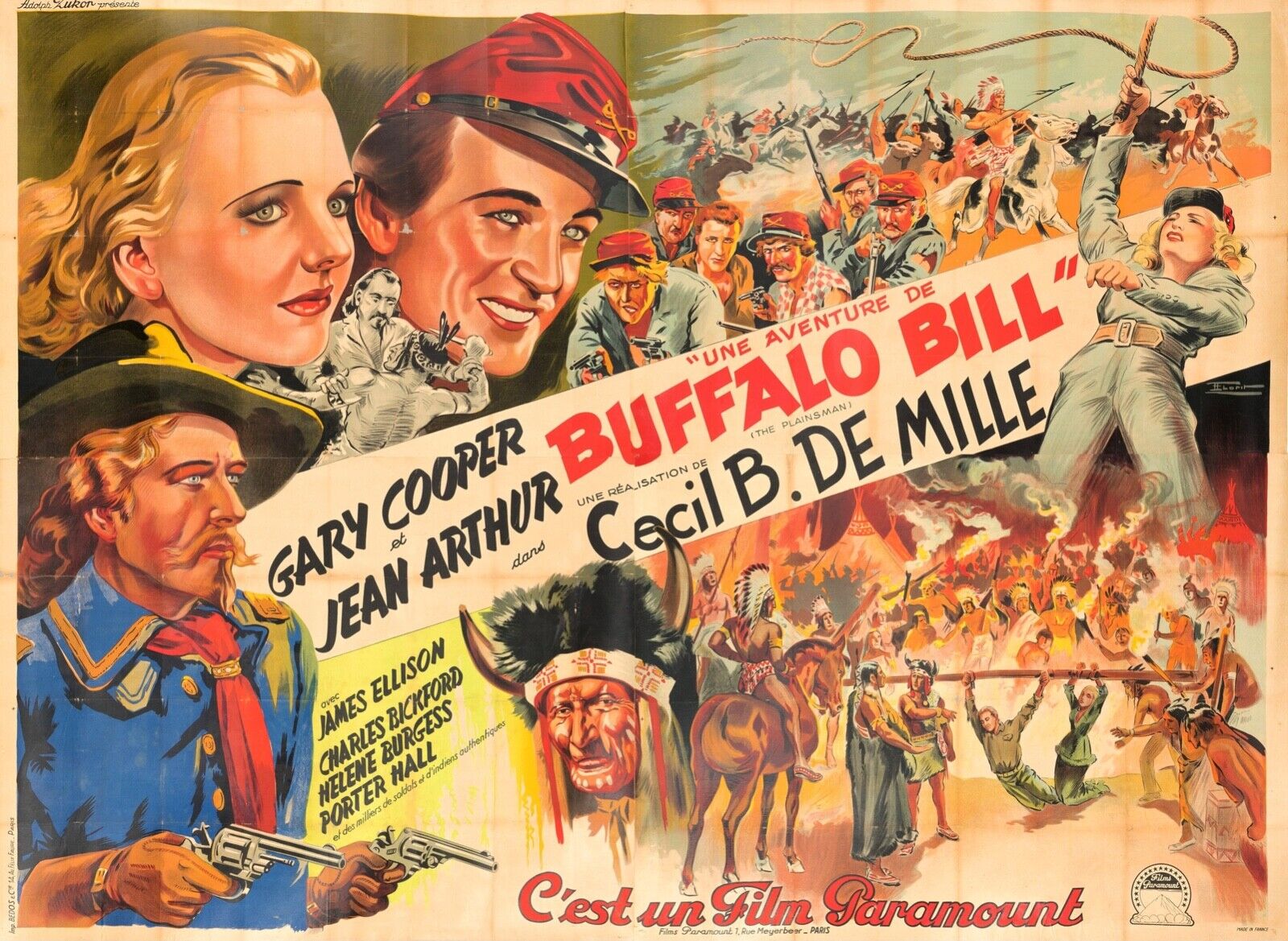 UNA AVENTURA DE BUFFALO BILL, CECIL B. DE MILLE, GARY COOPER, REPRODUCCIÓN DE CARTEL DE CINE, HQ