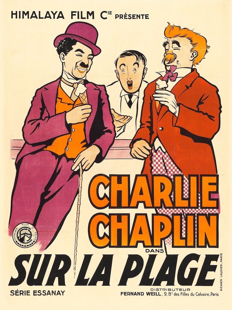 SUR LA PLAGE, CHARLIE CHAPLIN, REPRO AFFICHE CINÉMA VINTAGE, HQ