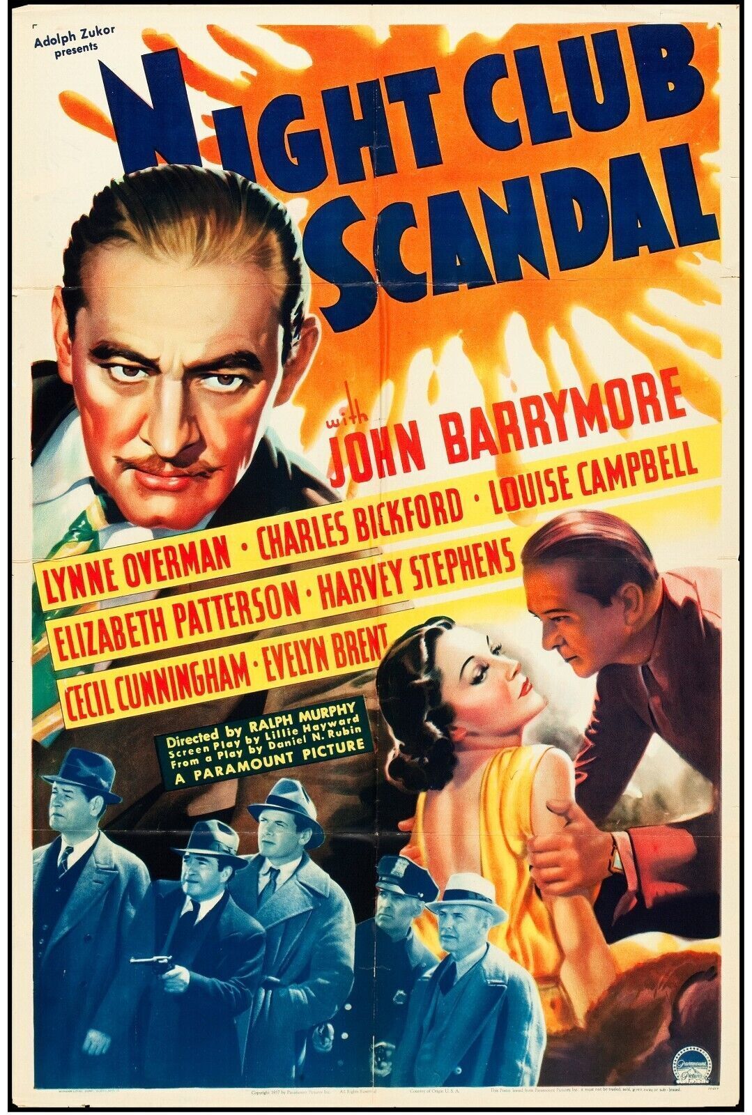 ESCÁNDALO EN CLUB NOCTURNO, JOHN BARRYMORE, 1937, CARTEL DE REPRO CINEMA HQ