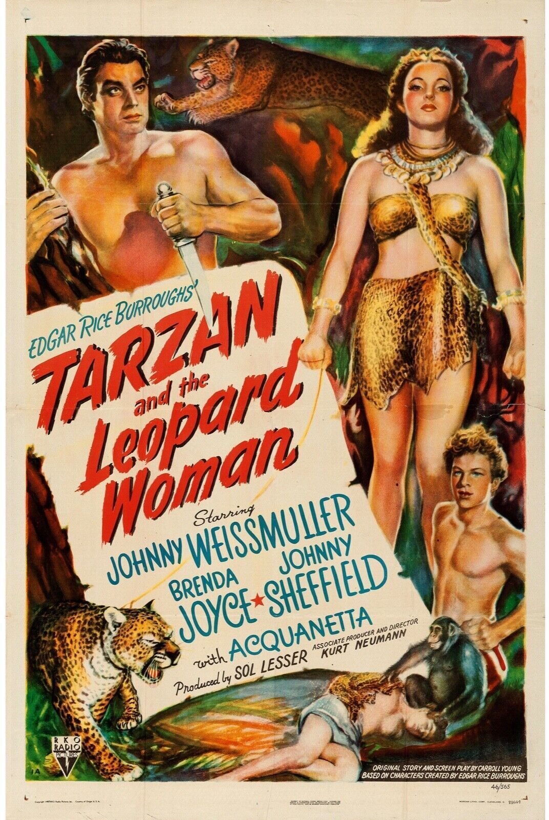 TARZAN ET LA FEMME LÉOPARD, TARZAN AND THE LEOPARD WOMAN, JOHNNY WEISSMULLER, 1946, REPRO AFFICHE CINEMA VINTAGE, HQ