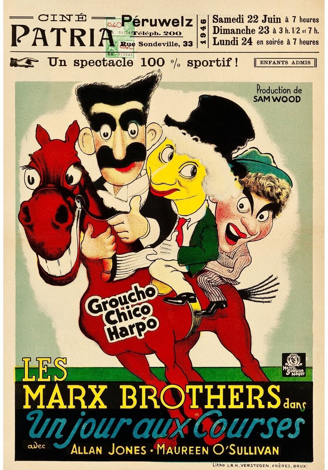 UN JOUR AUX COURSES, LES MARX BROTHERS, 1937, REPRO AFFICHE CINEMA HQ,