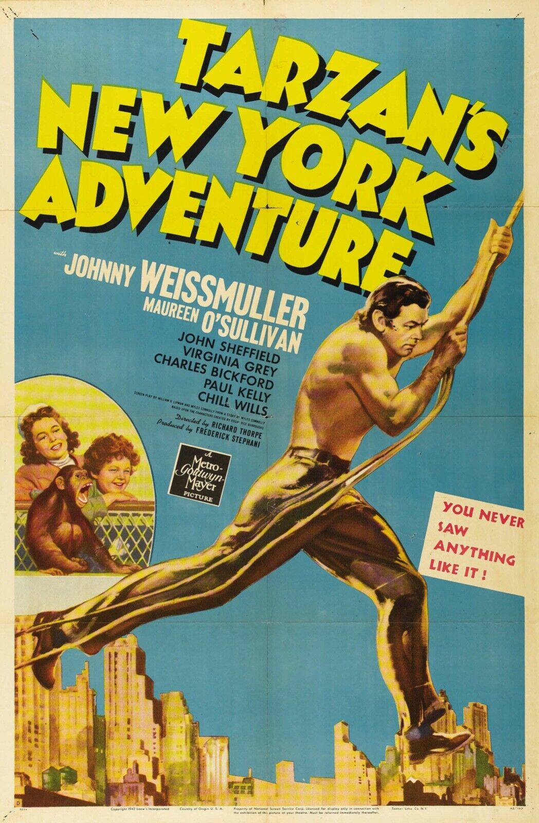 LES AVENTURES DE TARZAN A NEW YORK, TARZAN'S NEW YORK ADVENTURE, JOHNNY WEISSMULLER, 1942, REPRO AFFICHE CINEMA VINTAGE