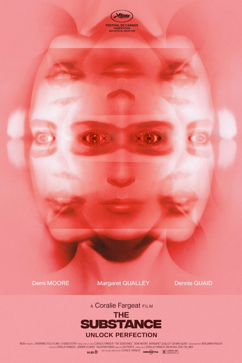 Affiche du film The Substance avec un visage féminin multiplié et déformé en tons rouges, effet visuel psychédélique et dérangeant, avec Demi Moore et Margaret Qualley, style cinéma d’auteur.
