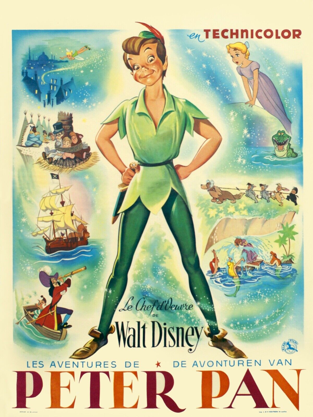 PETER PAN, WALT DISNEY,1953, Repro affiche cinéma, VINTAGE HQ