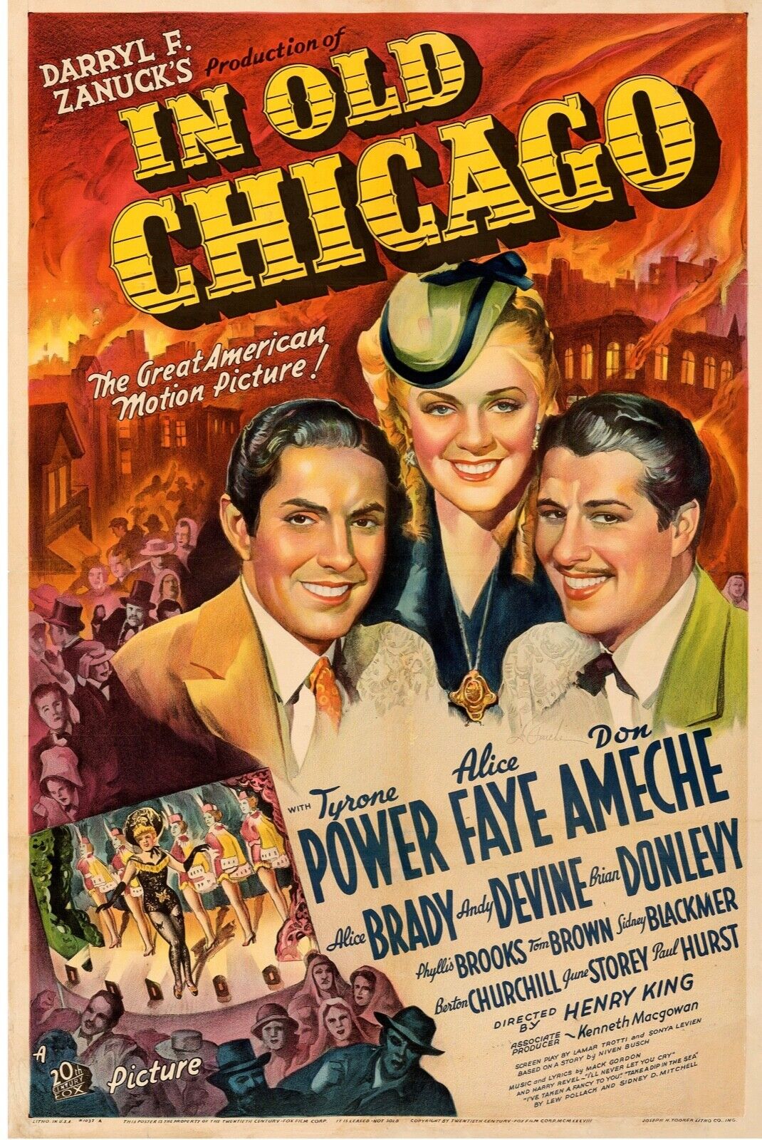 IN OLD CHICAGO, TYRONE POWER, 1937, REPRO MOVIE POSTER, VINTAGE, HQ.