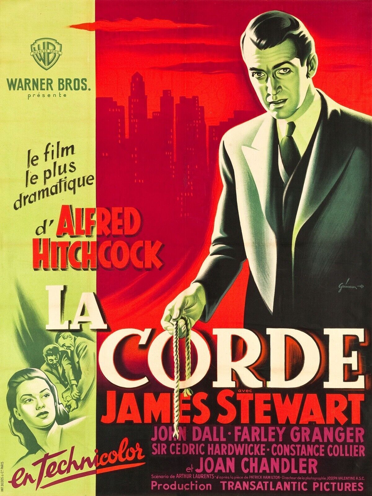 LA CORDE, JAMES STEWART, ALFRED HITCHCOCK, 1948, REPRO VINTAGE MOVIE POSTER, HQ