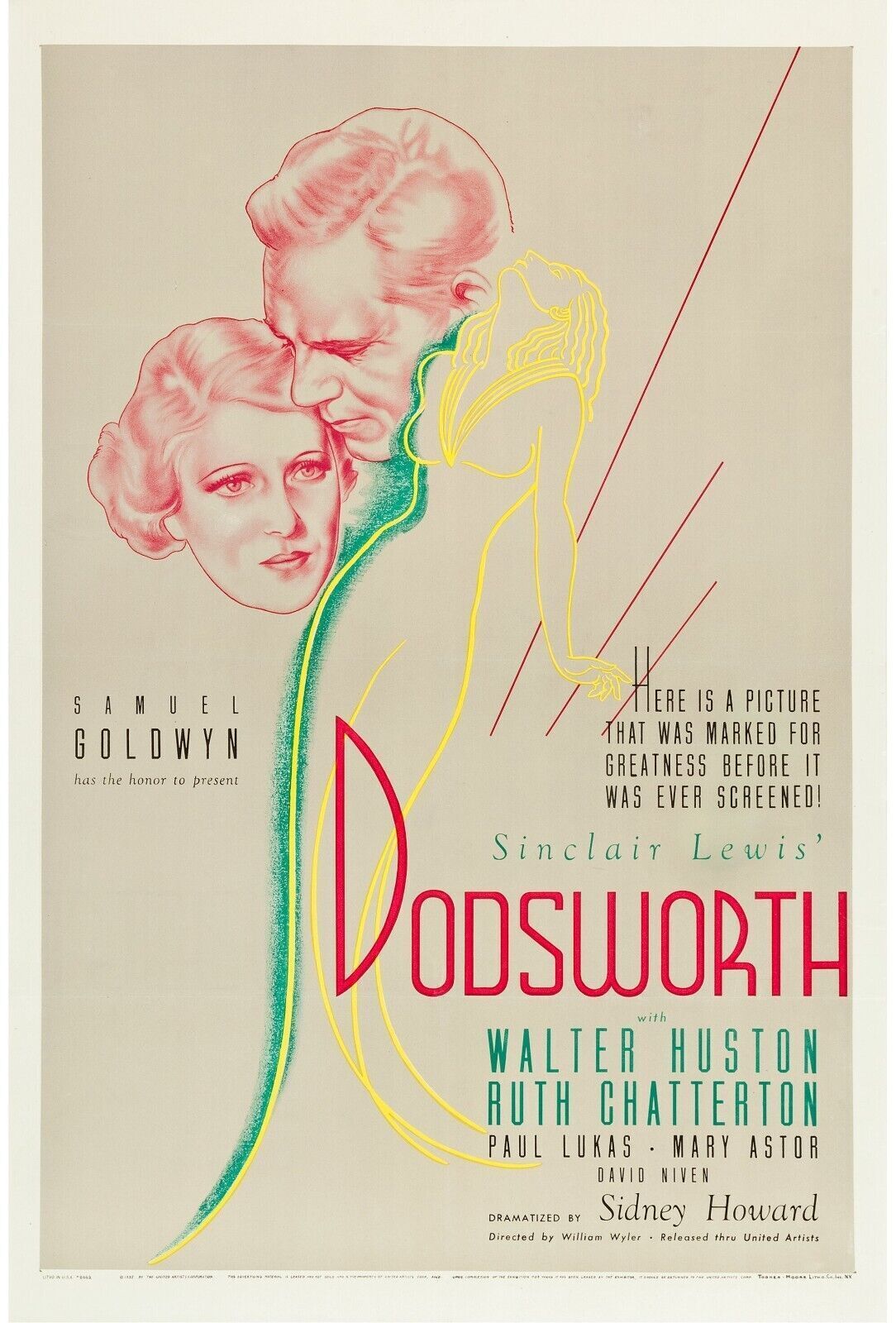 DODSWORTH, WALTER HUSTON, 1936, REPRODUCCIÓN DE CARTEL DE PELÍCULA, VINTAGE, SEGUNDA CALIDAD