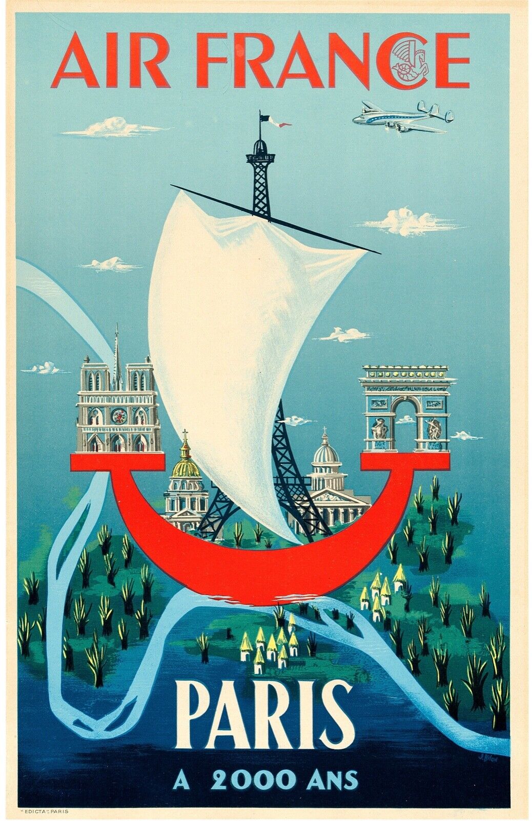PARIS, AIR FRANCE, REPRO VINTAGE TRAVEL ADVERTISING POSTER, HQ