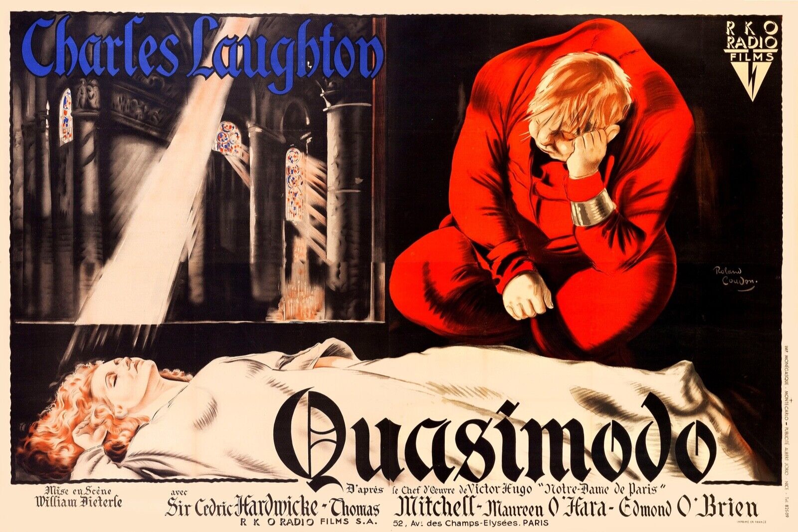 QUASIMODO, THE HUNCHBACK OF NOTRE DAME, CHARLES LAUGHTON, 1939, REPRO AFFICHE CINEMA, HQ