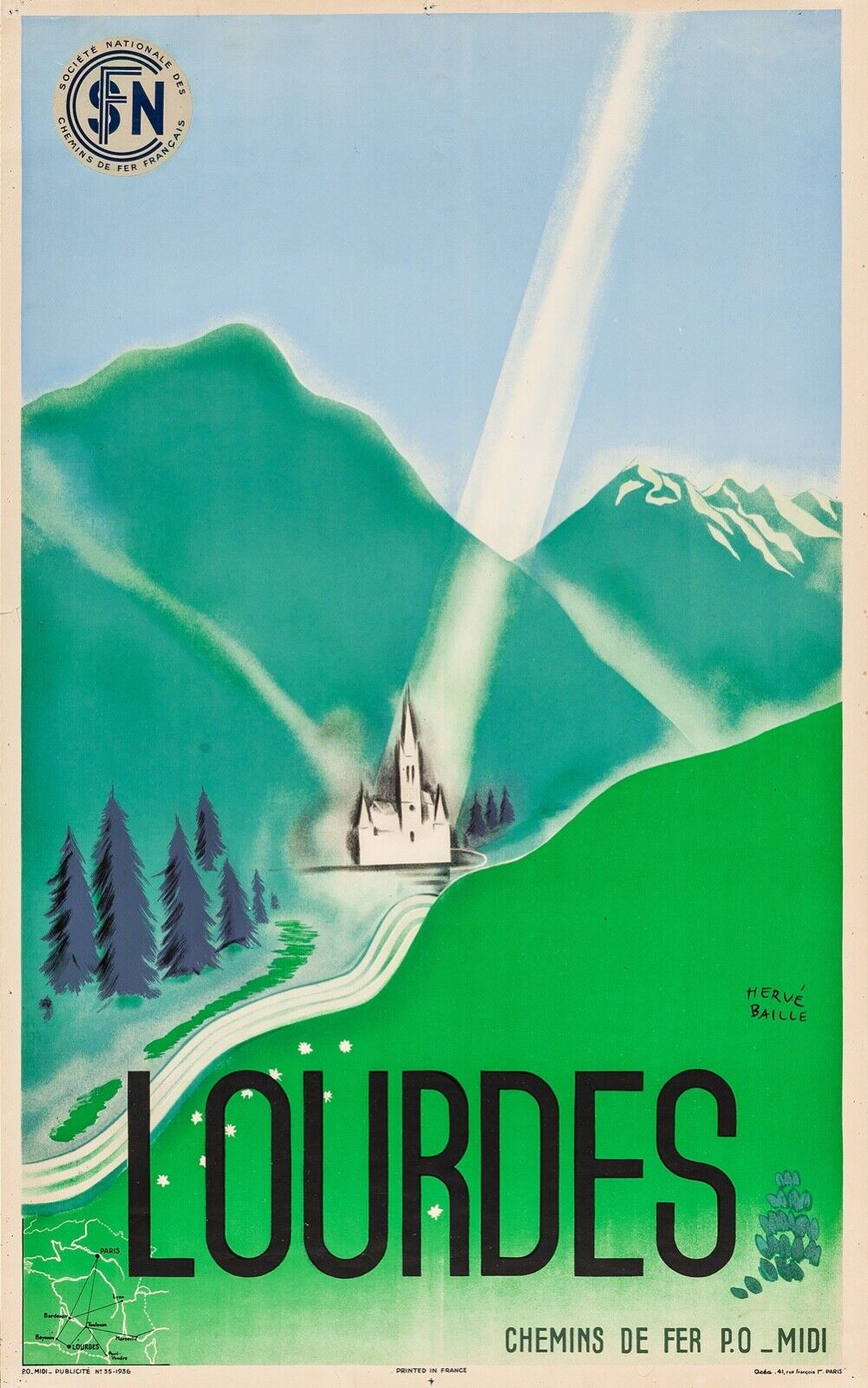 LOURDES – HERVÉ BAILLÉ – CHEMIN DE FER, REPRO AFFICHE PUBLICITAIRE, VINTAGE, HQ