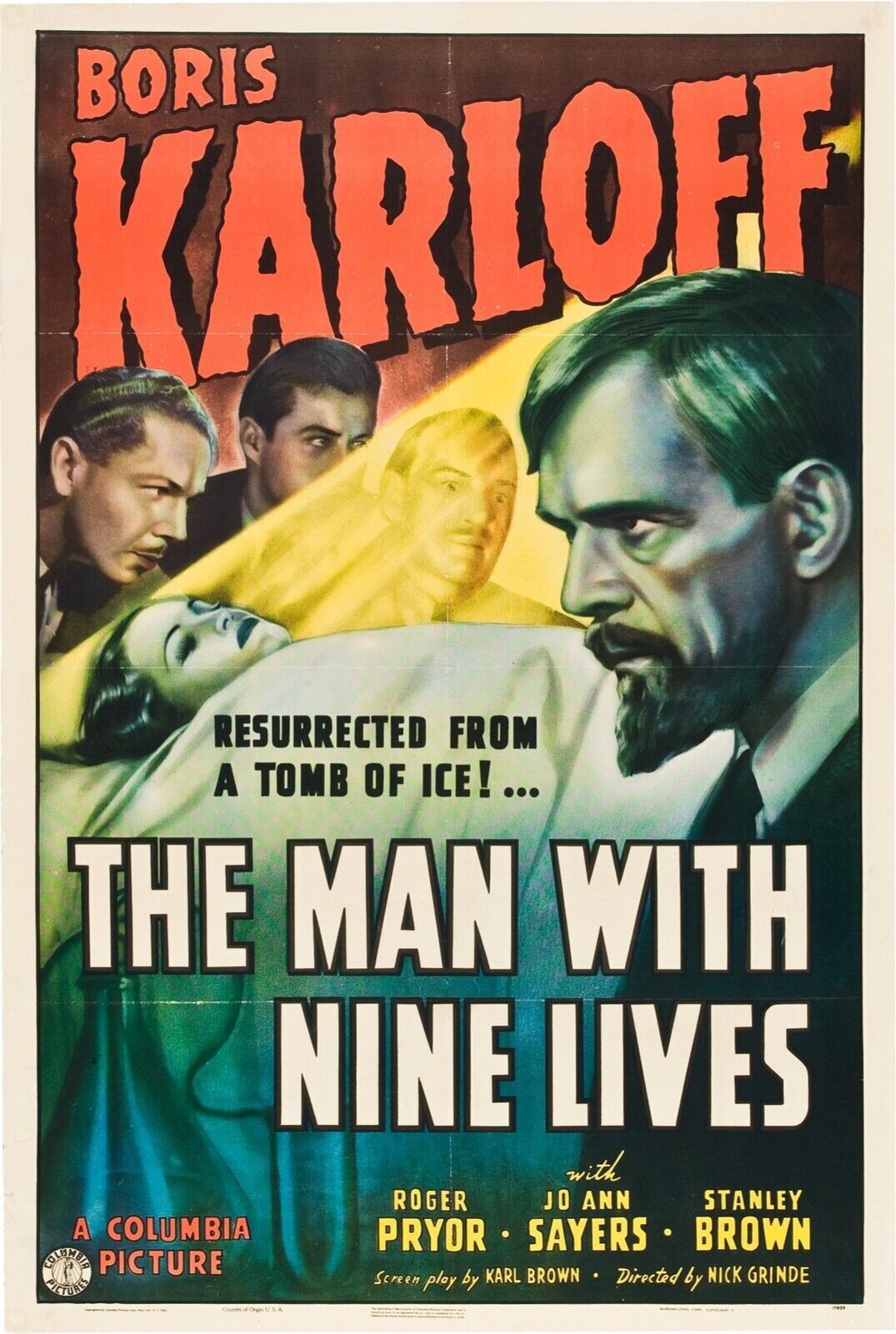 L'HOMME QUE J'AI RÉSSUSCITÉ, THE MAN WITH NINE LIVES, 1940, BORIS KARLOFF, REPRO AFFICHE CINEMA VINTAGE, HQ