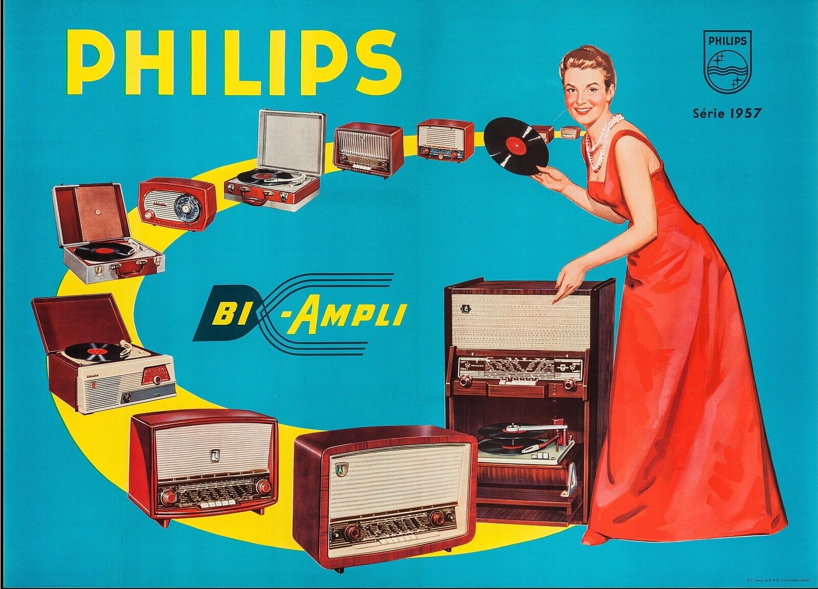 PHILIPS AMPLI, MUSIQUE, TOURNE DISQUE REPRO AFFICHE VINTAGE PUBLICITÉ, HQ