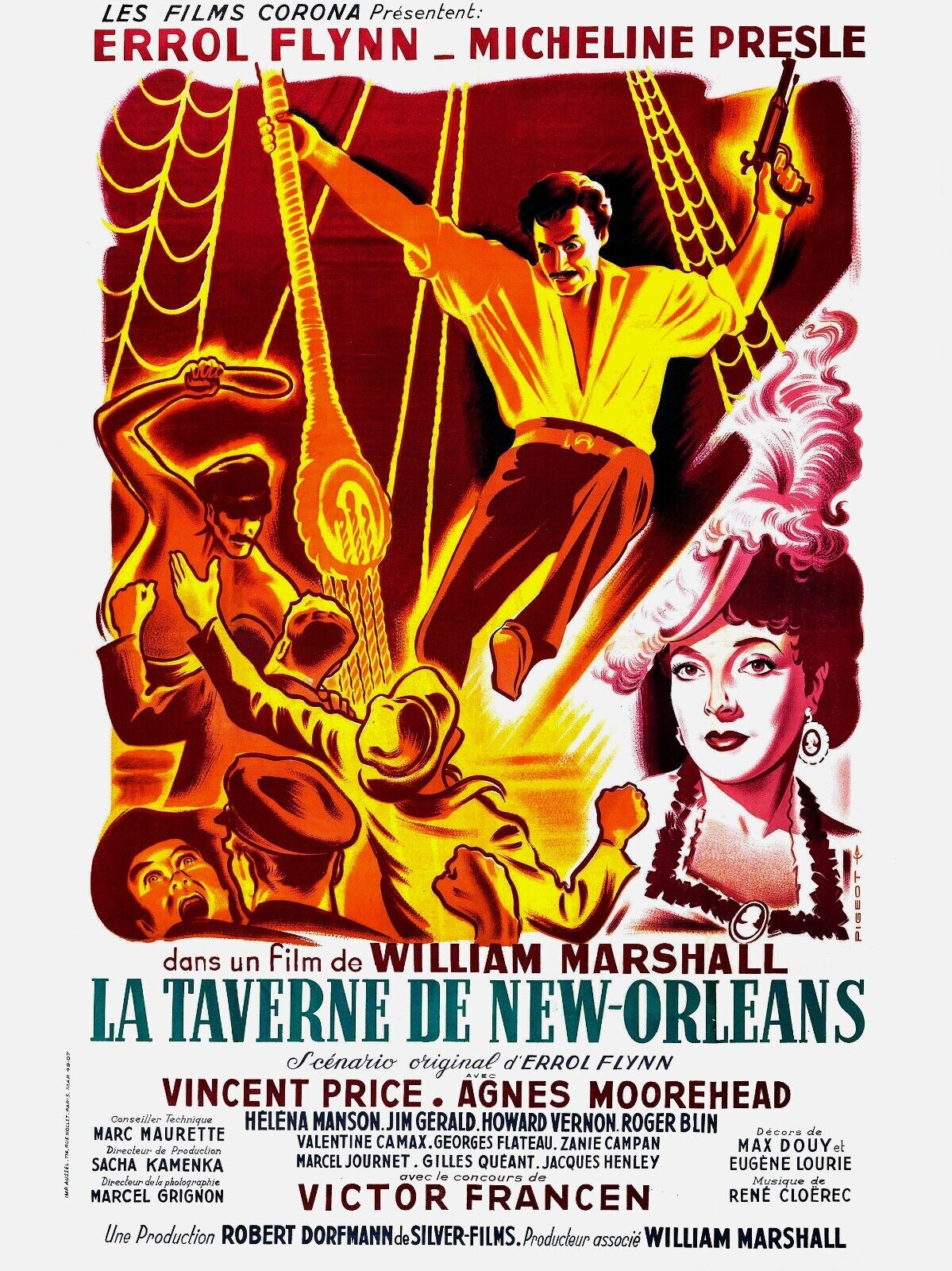 LA TAVERNE DE NEW-ORLEANS, ERROL FLYNN, 1951, REPRO AFFICHE CINEMA VINTAGE, HQ