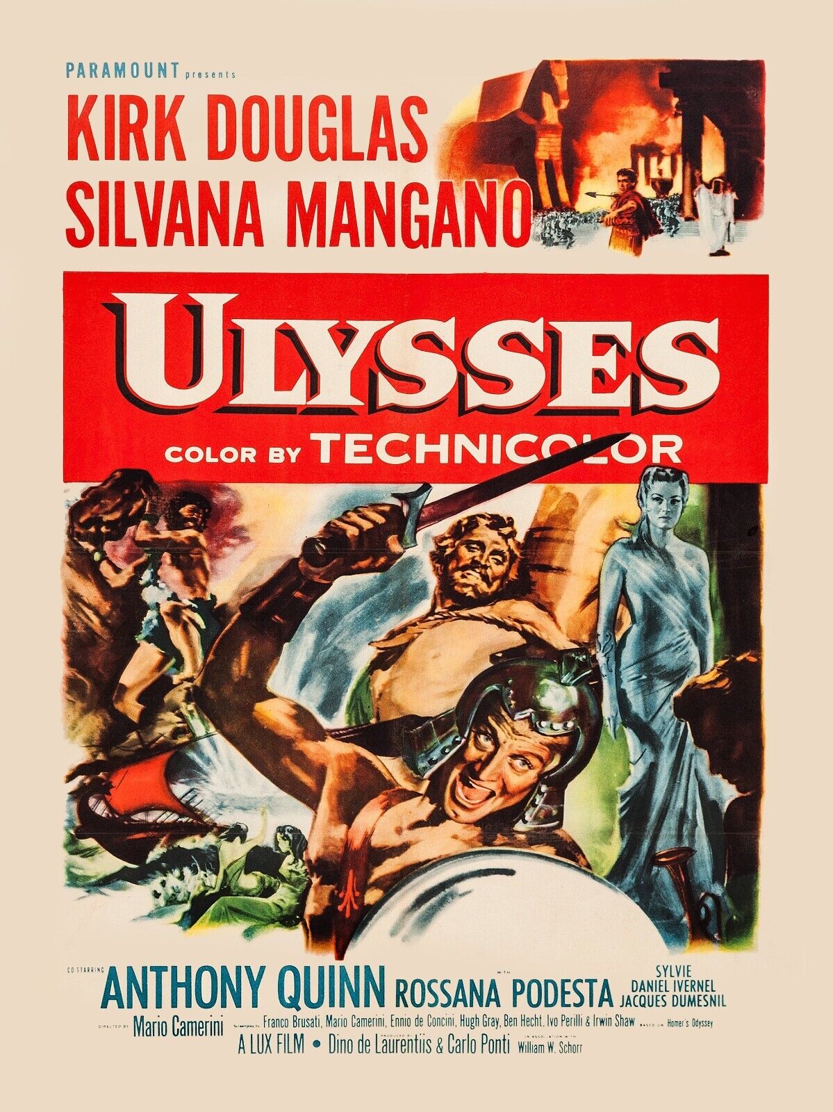 ULYSSES, KIRK DOUGLAS, SILVANA MANGANO, REPRO VINTAGE CINEMA POSTER, HQ