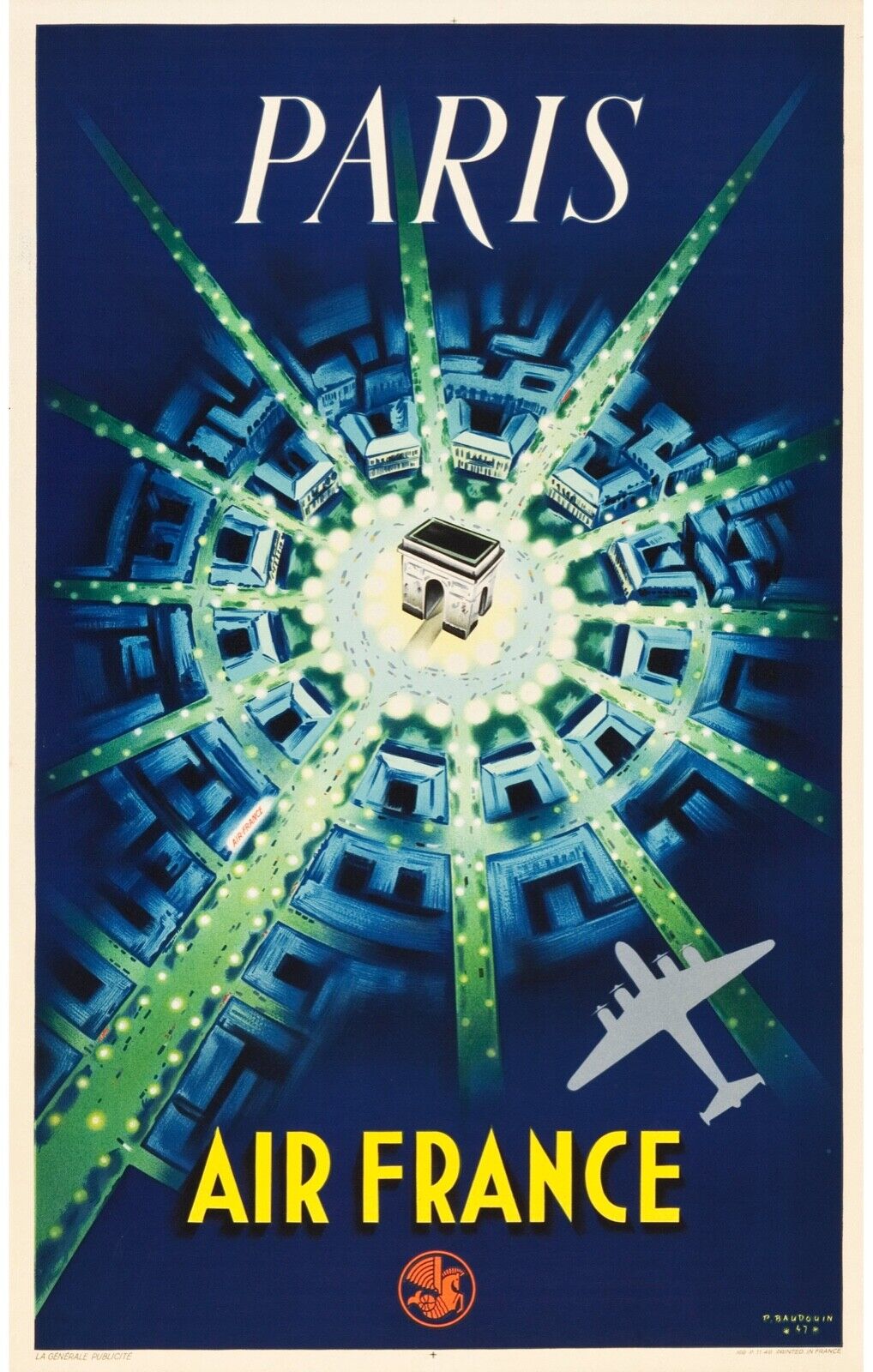 AIR FRANCE, PARIS, ARC DE TRIOMPHE, REPRO PUBLICITY POSTER, VINTAGE, HQ