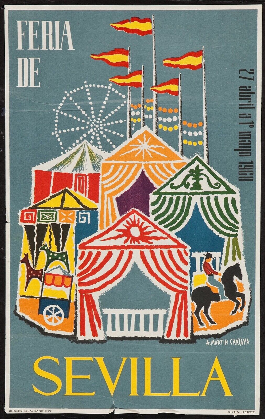 ESPAÑA, FERIA DE SEVILLA, 1950, REPRODUCCIÓN DE CARTEL DE VIAJE, VINTAGE, HQ