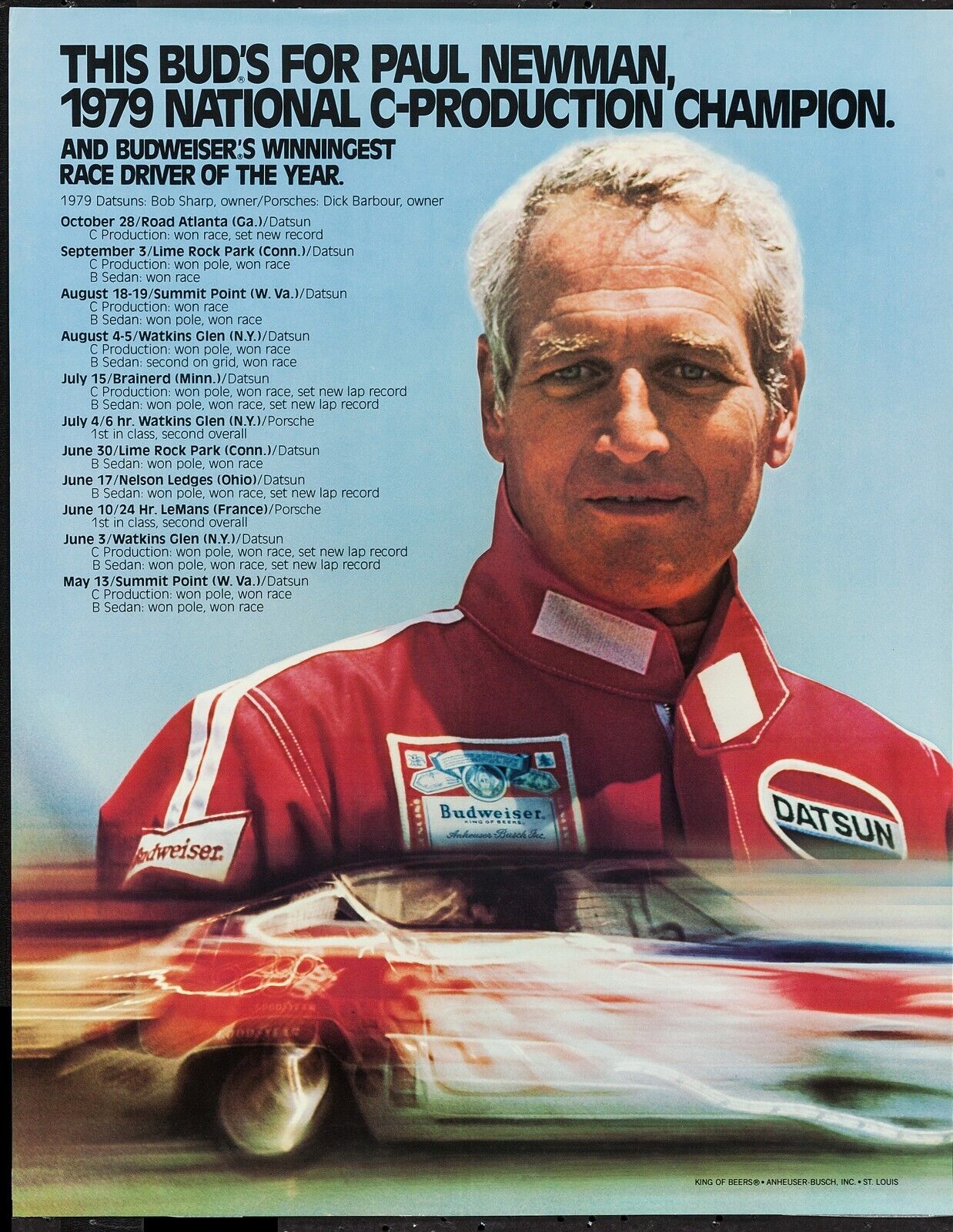 PAUL NEWMAN, CARRERAS DE AUTOS, REPRODUCCIÓN DE CARTEL PUBLICITARIO DEPORTIVO VINTAGE