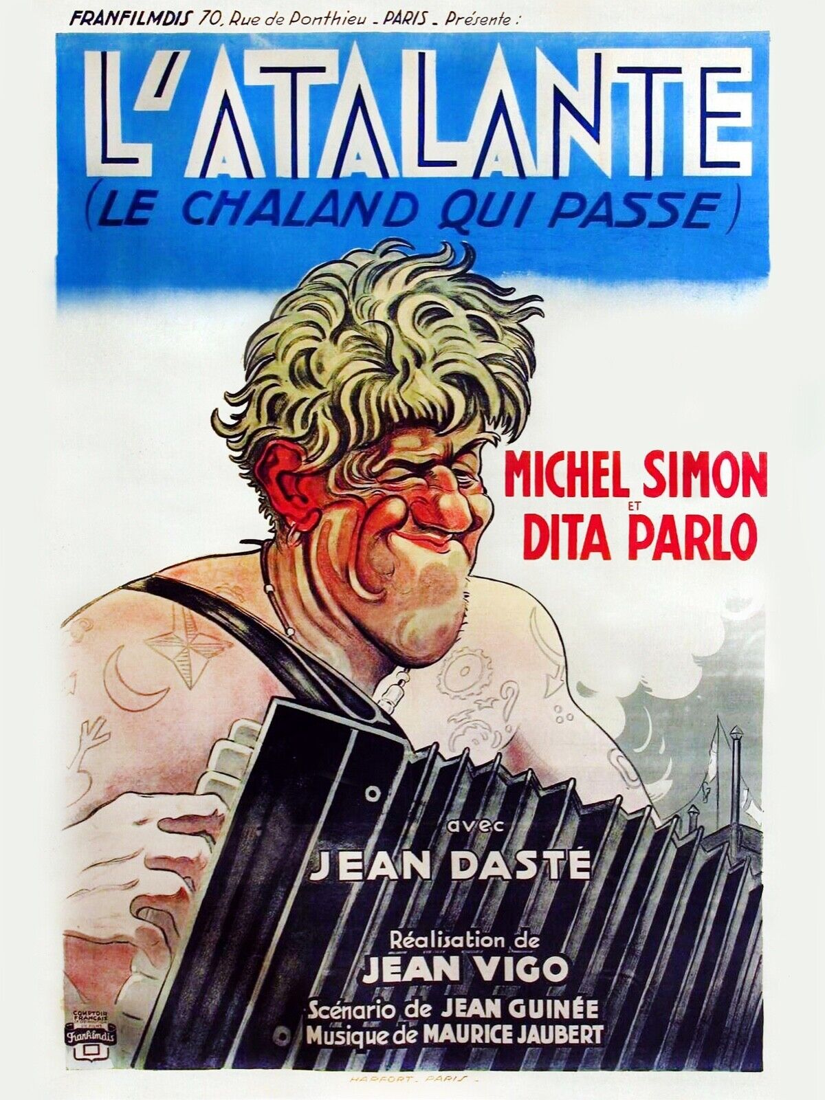 L'ATALANTE, MICHEL SIMON, 1934, REPRODUCCIÓN DE CARTEL DE PELÍCULA, VINTAGE, HQ