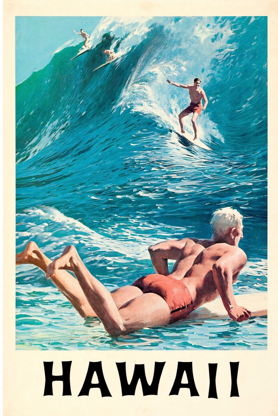 HAWAÏ, SURF, 1950s, REPRO TRAVEL POSTER, VINTAGE, HQ