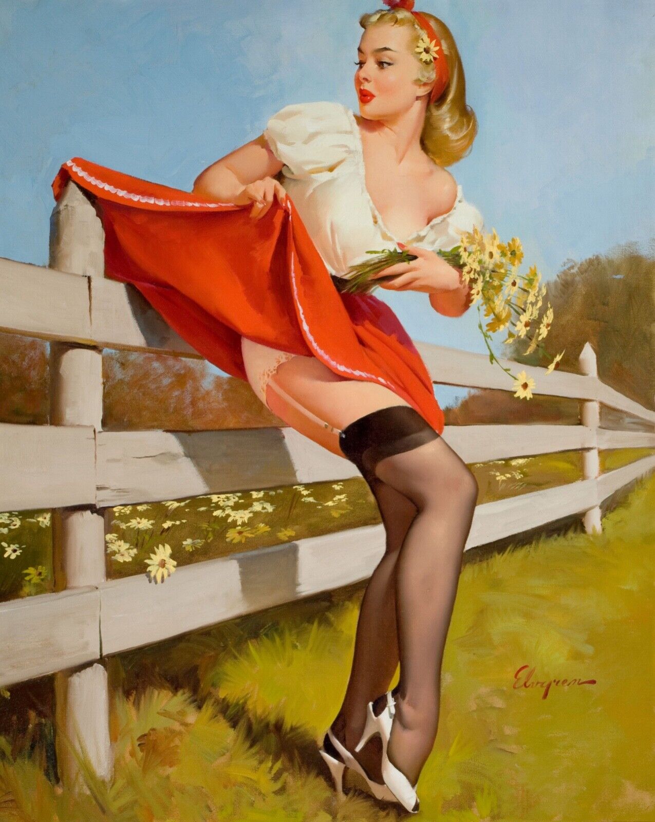 PIN-UP EN EL CAMPO, GIL ELVGRE REPRODUCCIÓN DE CARTEL VINTAGE (40X60), HQ