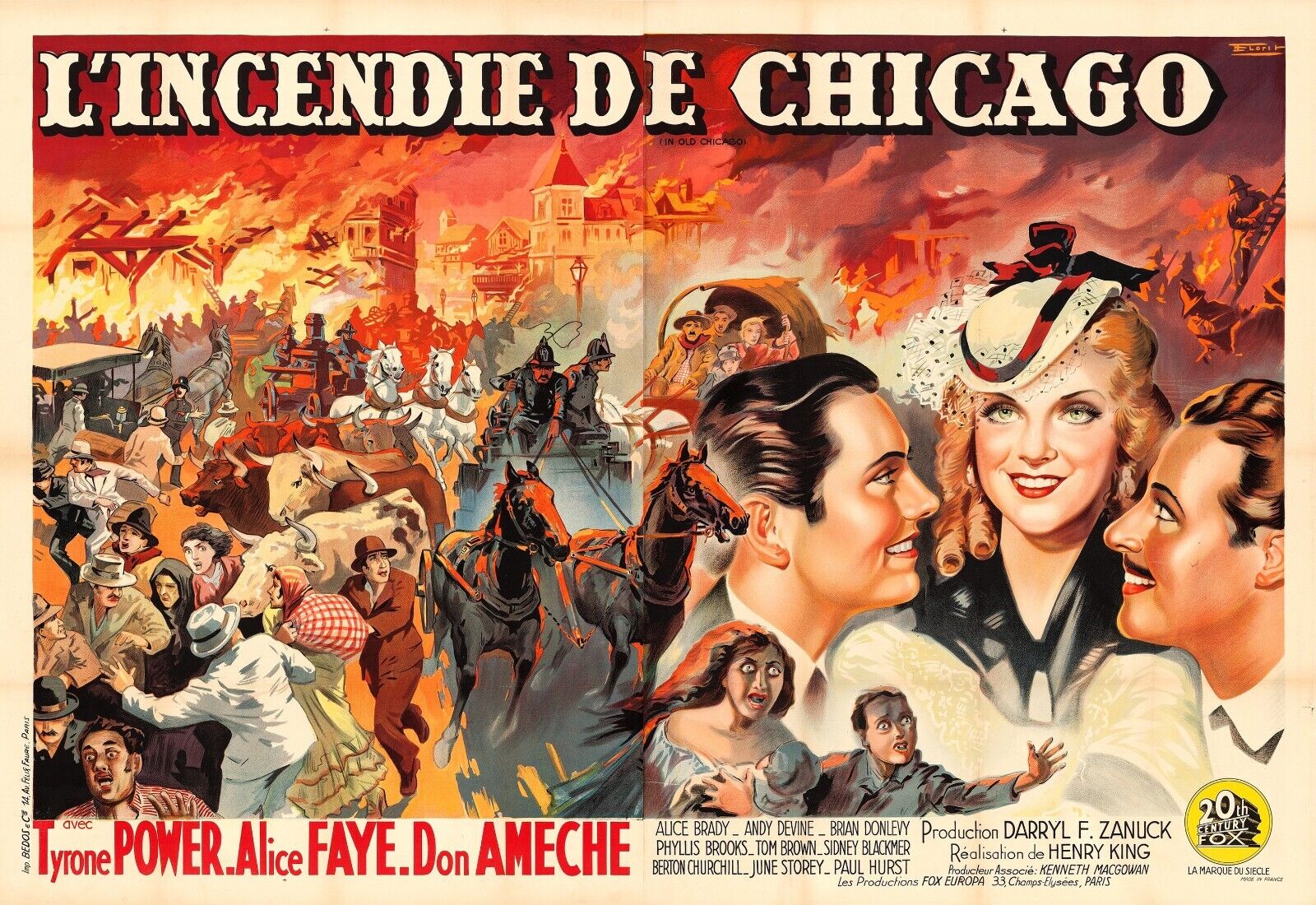 EL INCENDIO DE CHICAGO, TYRONE POWER, 1937, REPRODUCCIÓN DE CARTEL DE PELÍCULA, VINTAGE, SEDE CALIENTE