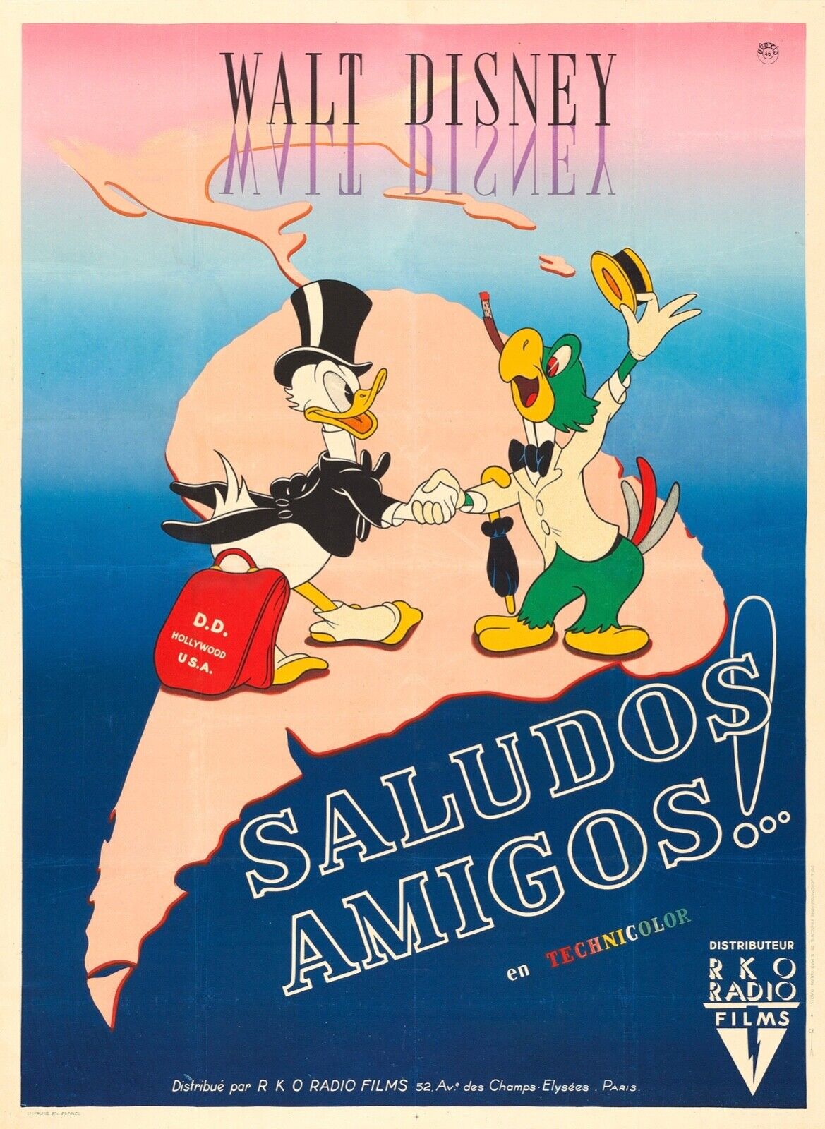 SALUDOS AMIGOS ! BONJOUR AMIS, WALT DISNEY, REPRO AFFICHE CINEMA VINTAGE, HQ