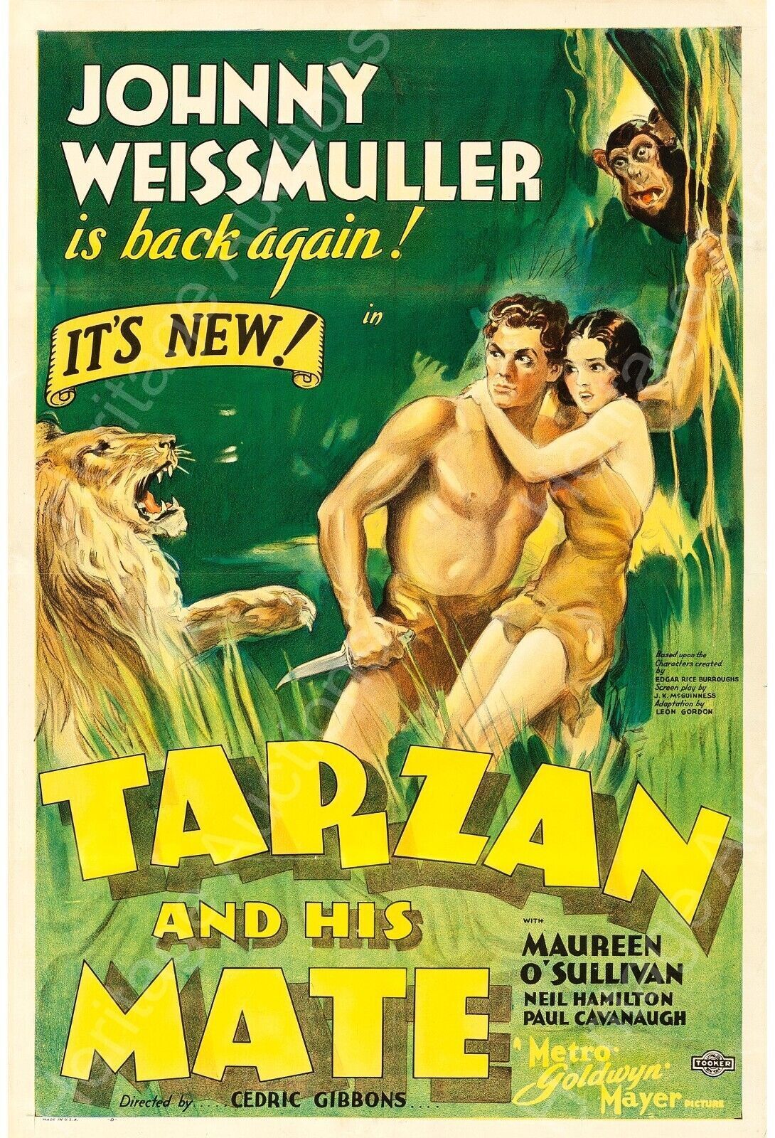 TARZAN AND HIS MATE, "TARZAN AND HIS MATE" JOHNNY WEISSMULLER, 1934, cinema poster reproduction, HQ