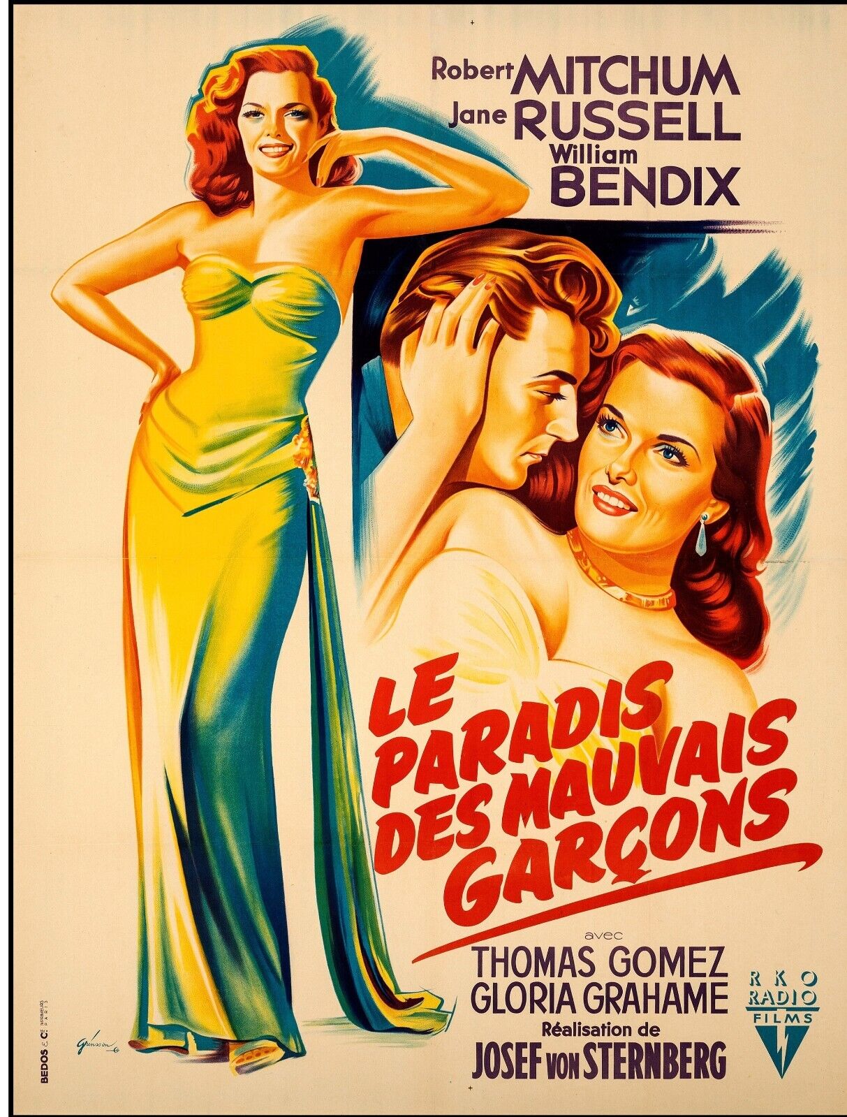LE PARADIS DES MAUVAIS GARÇONS, ROBERT MITCHUM, 1952, REPRO AFFICHE CINÉMA VINTAGE, HQ