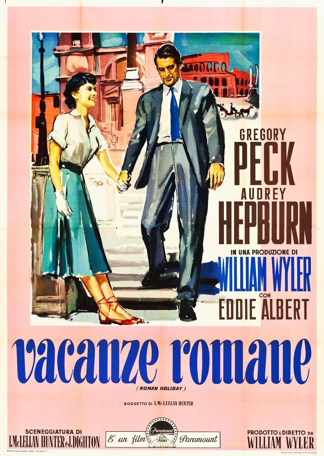 VACACIONES ROMANAS. AUDREY HEPBURN, GREGORY PECK, 1953, ITALIA, reproducción de cartel de cine, HQ