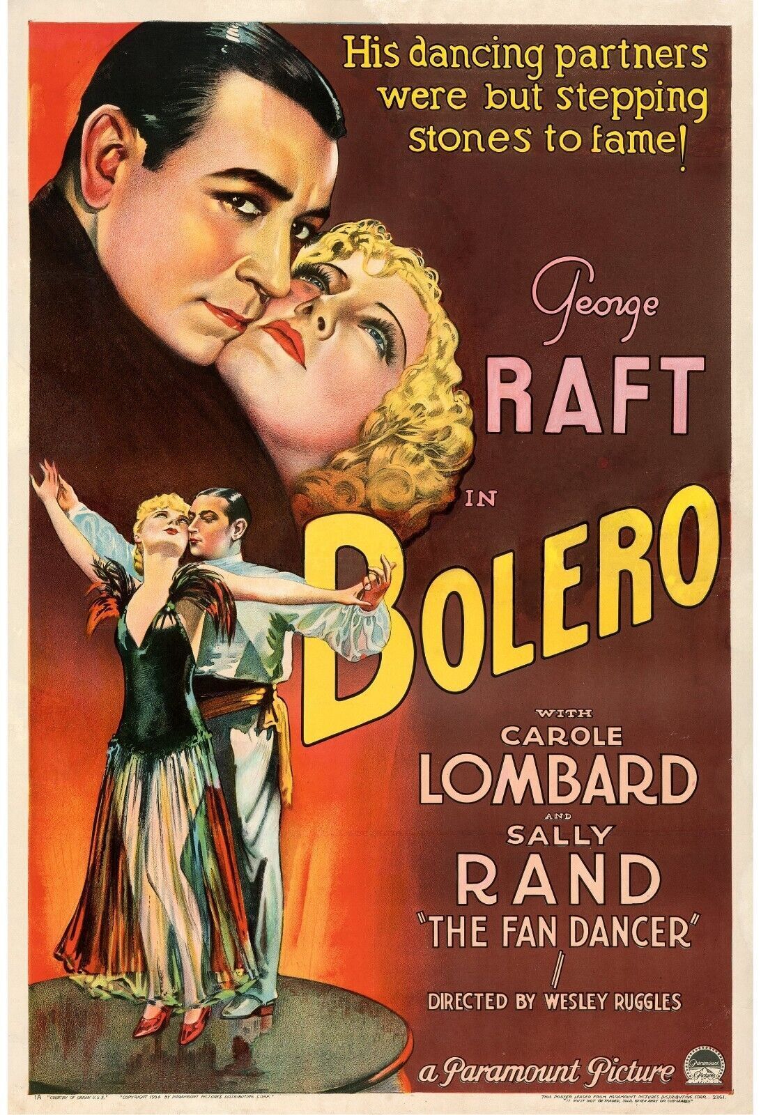 BOLERO, CAROLE LOMBARD, GEORGE RAFT, 1934, REPRODUCCIÓN DE CARTEL DE PELÍCULA, VINTAGE, HQ