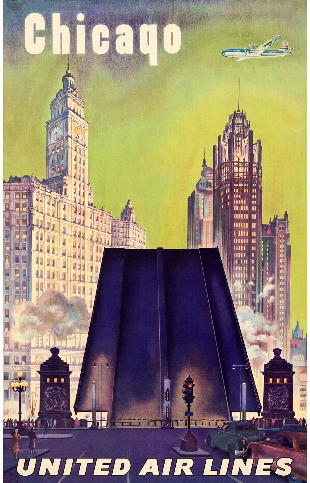CHICAGO, UNITED AIR LINES, REPRO TRAVEL POSTER, VINTAGE, HQ