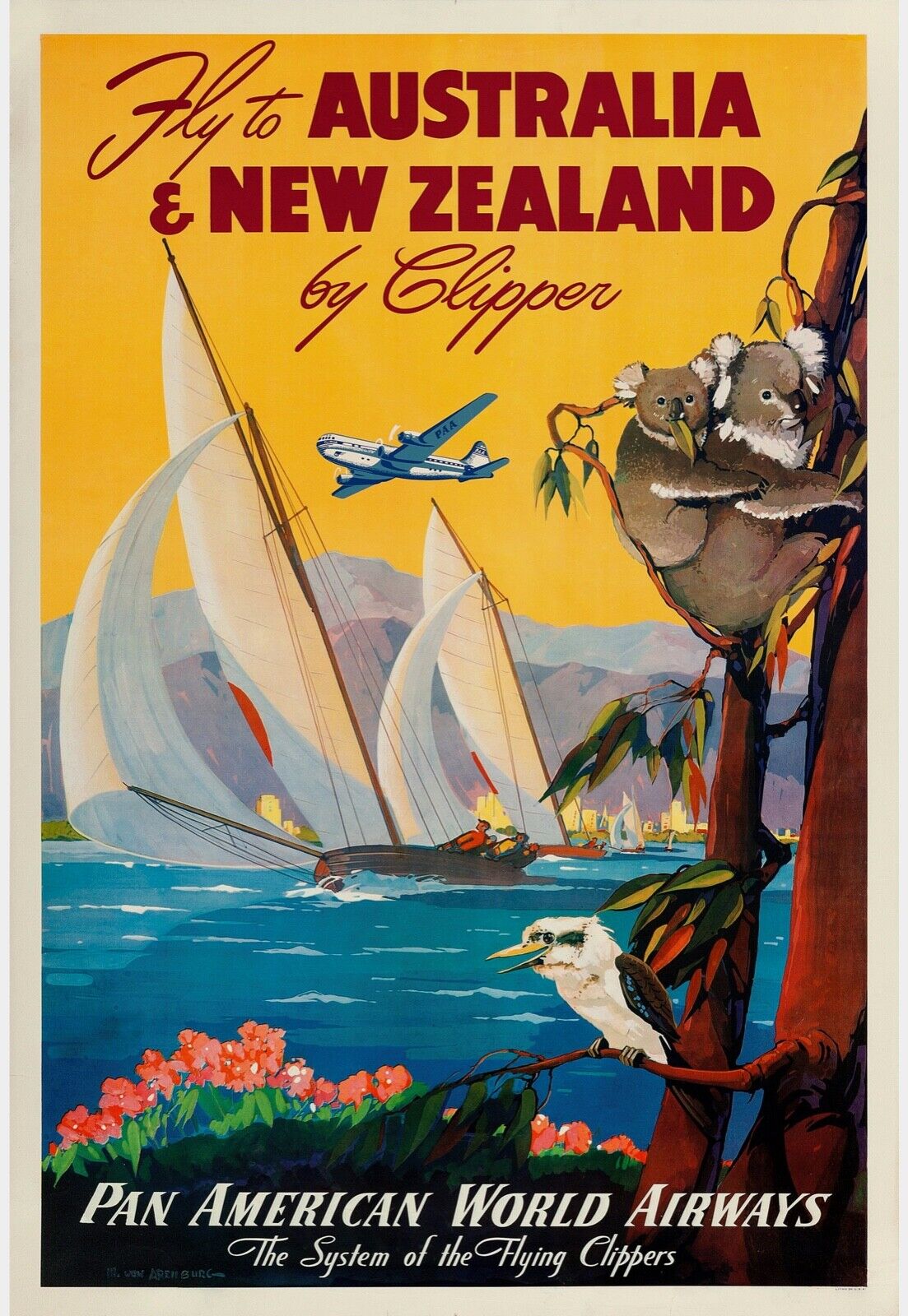 AUSTRALIE NOUVELLE-ZELANDE REPRO AFFICHE SUR TOILE ET VINTAGE VOYAGE PUB HQ AVION