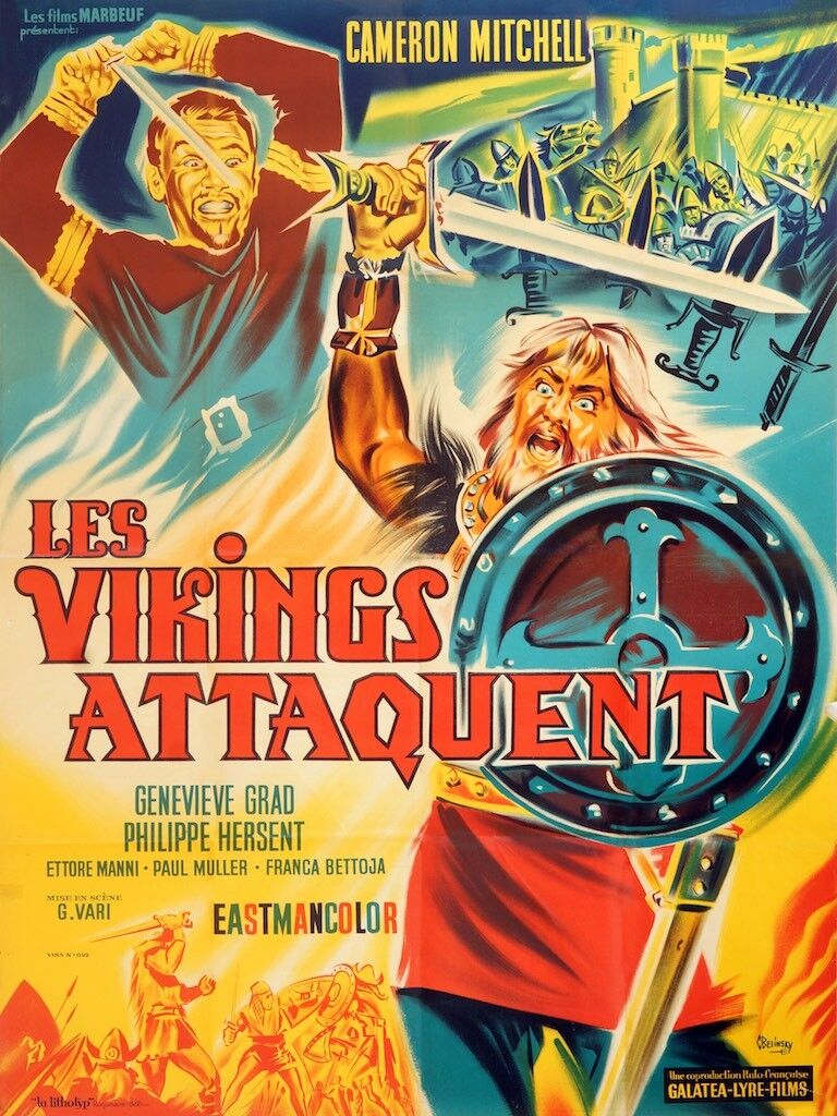 LES VIKINGS ATTAQUENT, CAMERON MITCHELL, GENEVIÈVE GRAD, 1962, REPRO AFFICHE SUR TOILE ET CINEMA VINTAGE