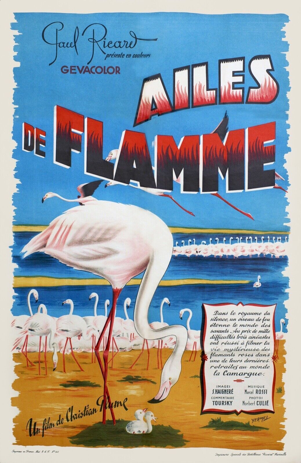 WING OF FLAME, CAMARGUE, PINK FLAMINGOS, PAUL RICARD, REPRO POSTER, VINTAGE, HQ