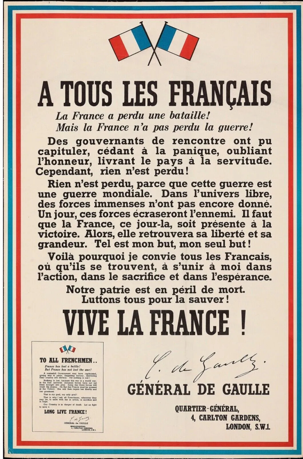 TO ALL FRENCH PEOPLE, GENERAL DE GAULLE, 1940, REPRO MOVIE POSTER, VINTAGE, HQ