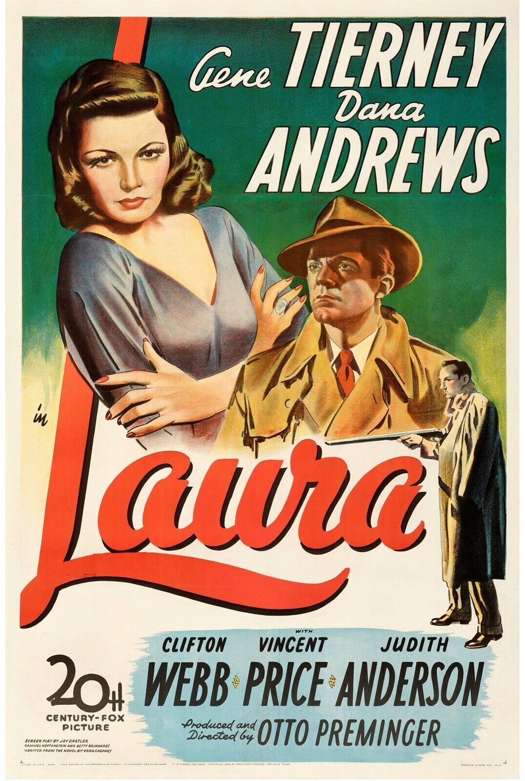 LAURA, DANA ANDREWS, GENE TIERNEY, 1944, REPRO AFFICHE CINEMA, VINTAGE, HQ