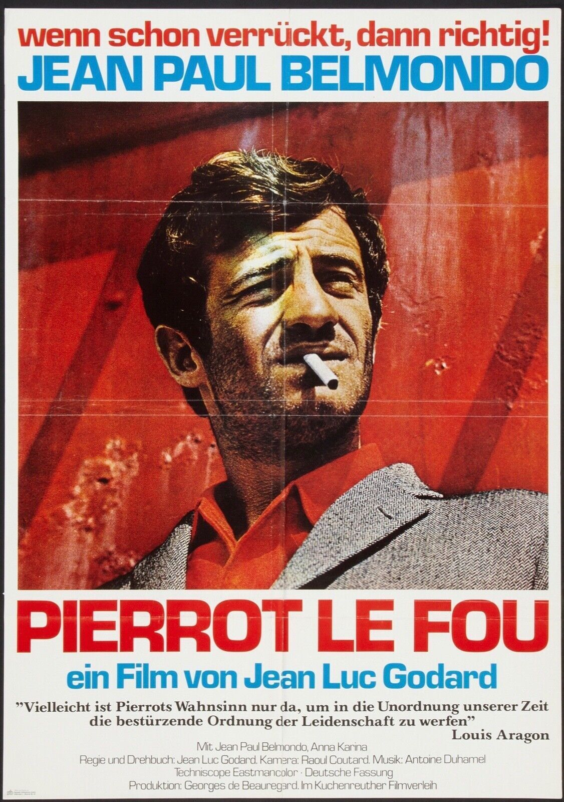 PIERROT LE FOU, JEAN-PAUL BELMONDO, 1965, Repro Vintage Cinema Poster, HQ