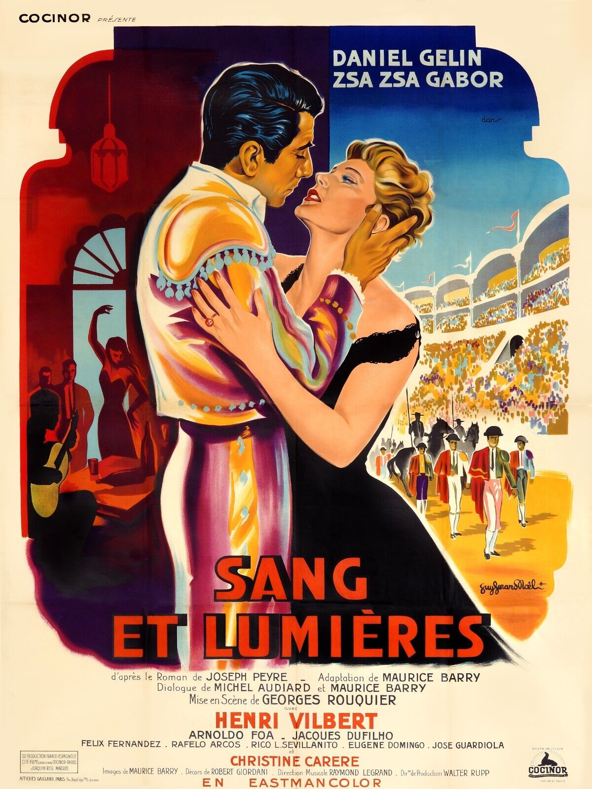 SANG ET LUMIÈRES, CHRISTINE CARRÈRE, 1954, CORRIDA REPRO AFFICHE CINEMA VINTAGE, HQ