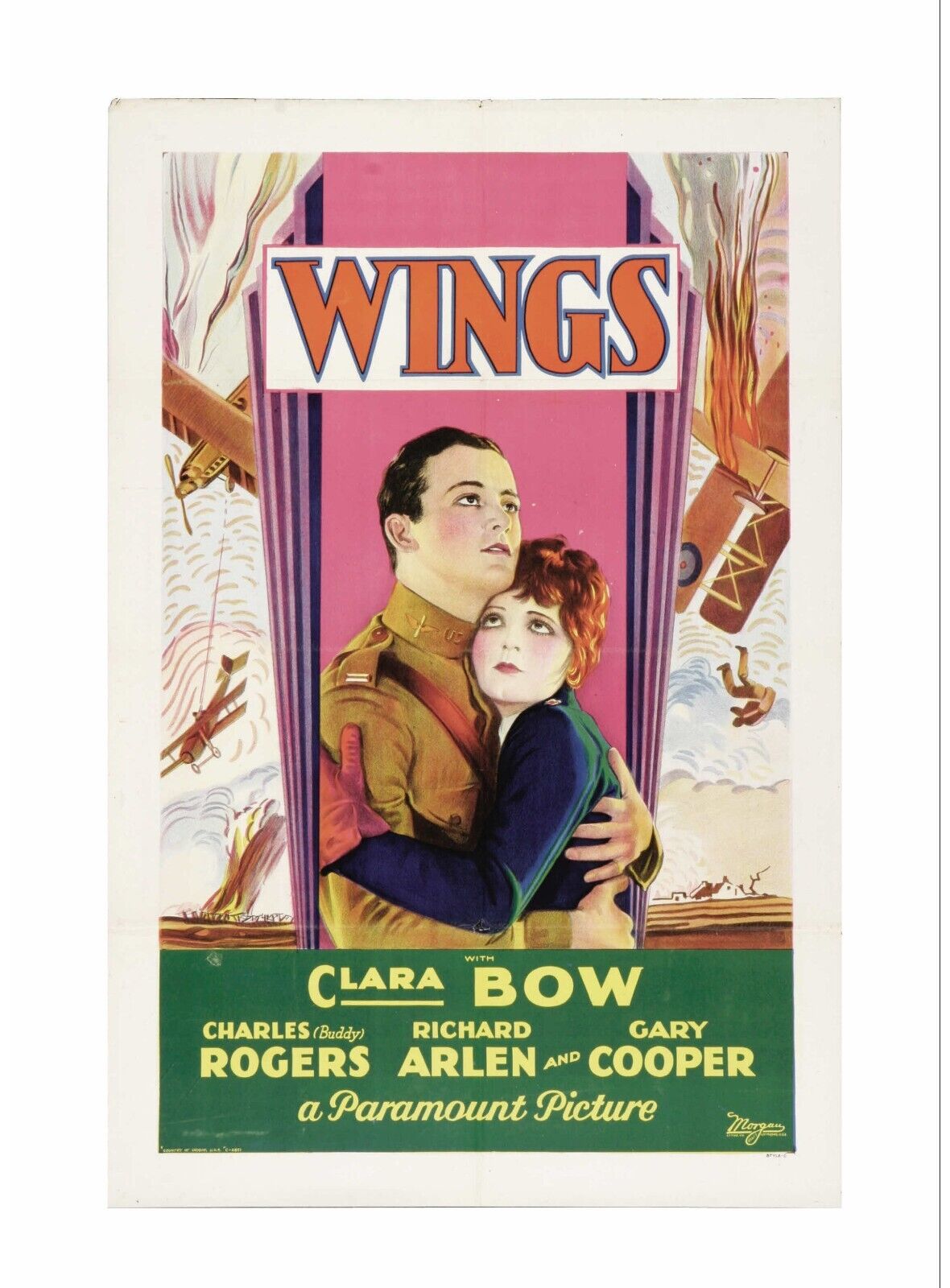 WINGS, CHARLES ROGERS, CLARA BOW, 1927 repro movie poster, HQ