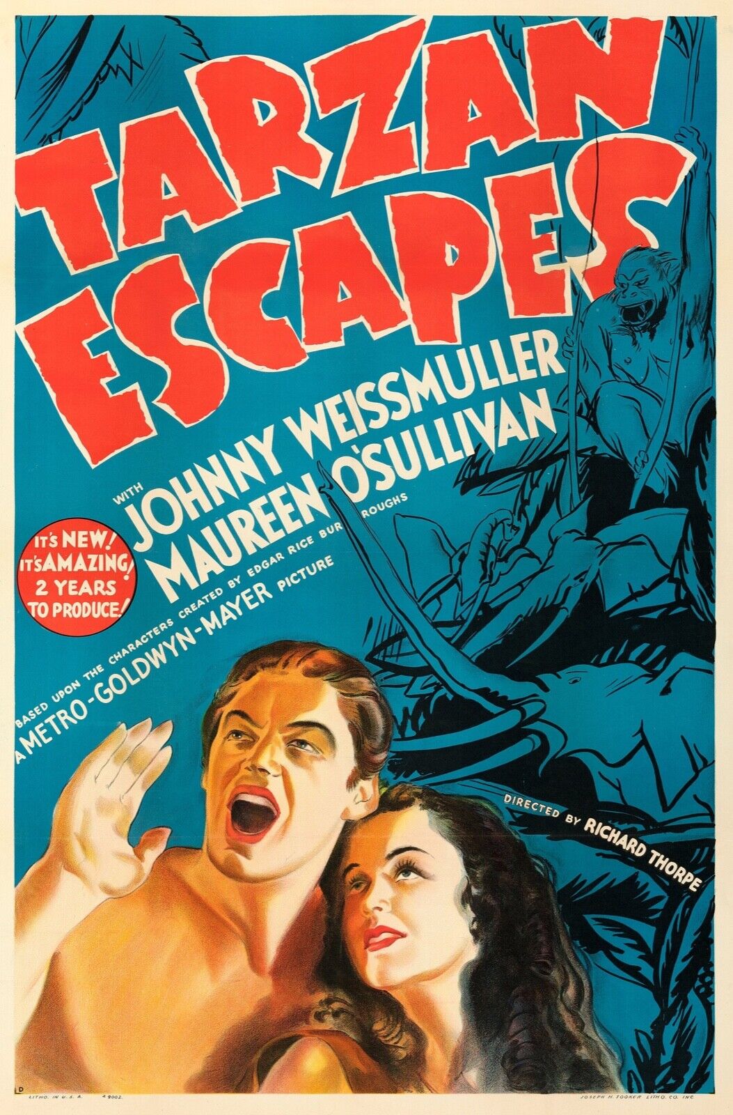 TARZAN ESCAPES, JOHNNY WEISSMULLER, 1936, LEX BARKER, REPRO VINTAGE CINEMA POSTER, HQ