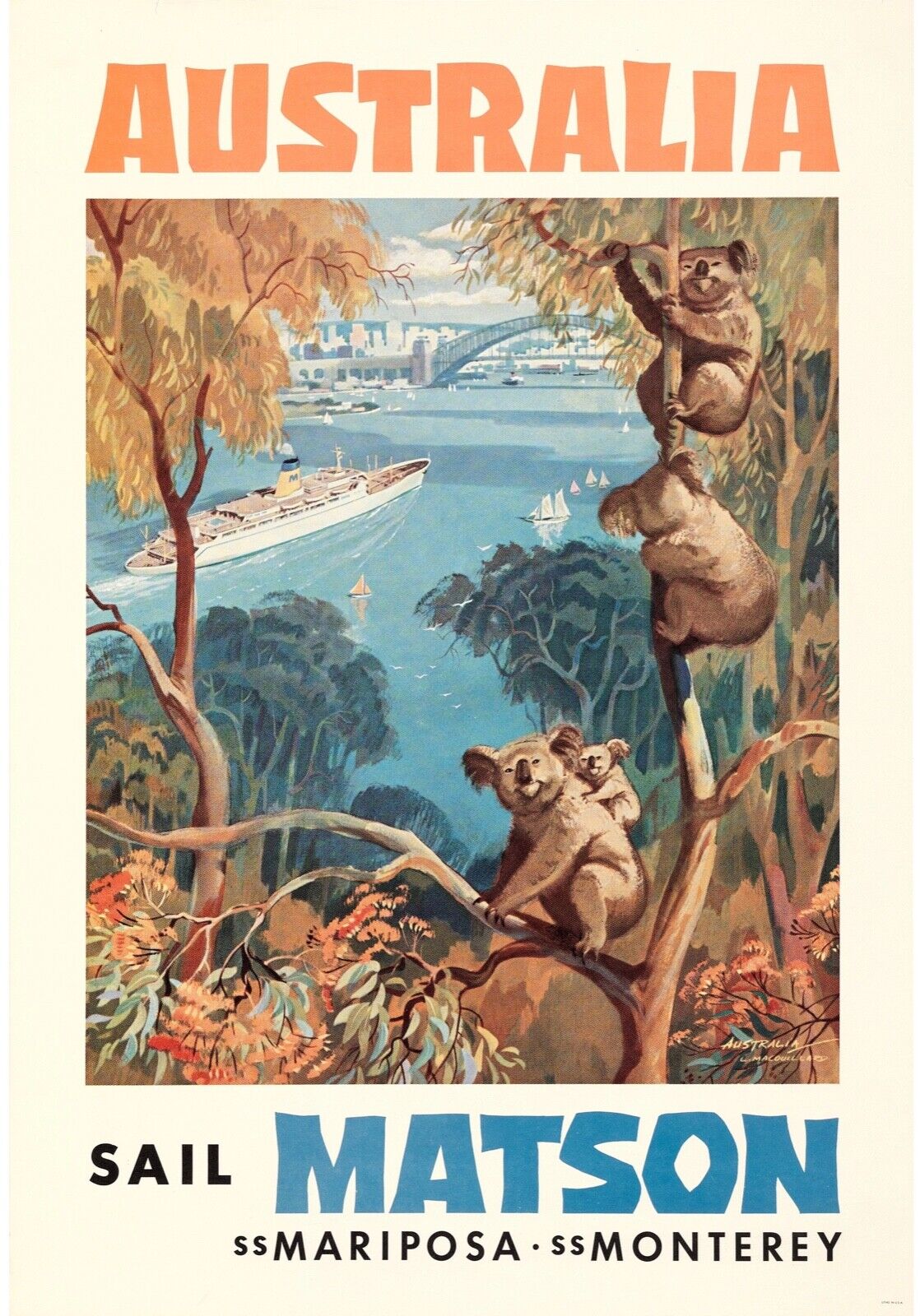 AUSTRALIE, KOALA, REPRO TRAVEL PUBLICITY POSTER, VINTAGE, HQ