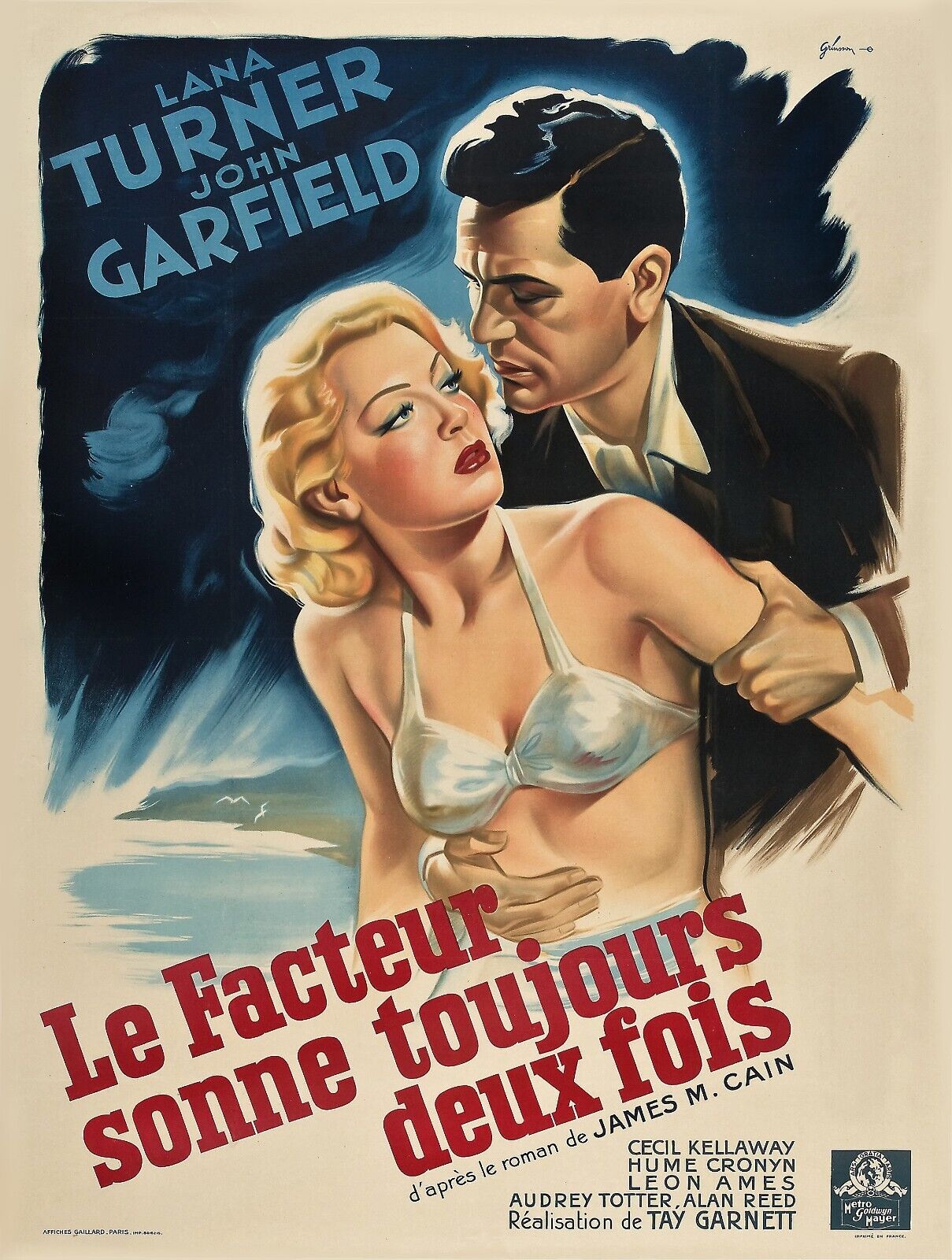 LE FACTEUR SONNE TOUJOURS DEUX FOIS, JOHN GARFIELD, LANA TURNER, 1946, REPRO AFFICHE CINEMA VINTAGE, HQ