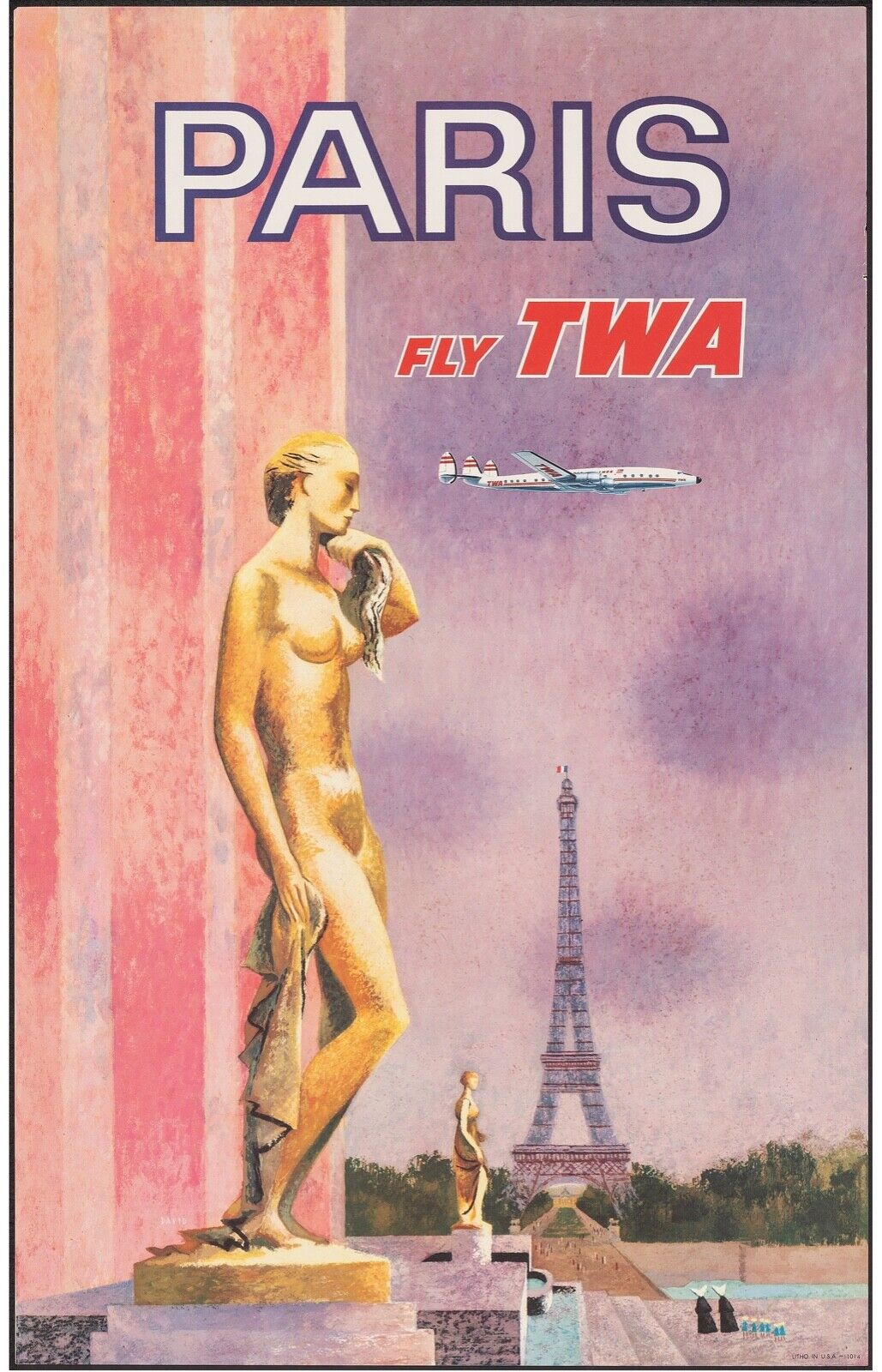 PARIS, FRANCE, FLY TWA, REPRO AFFICHE VINTAGE VOYAGE TOURISME, HQ