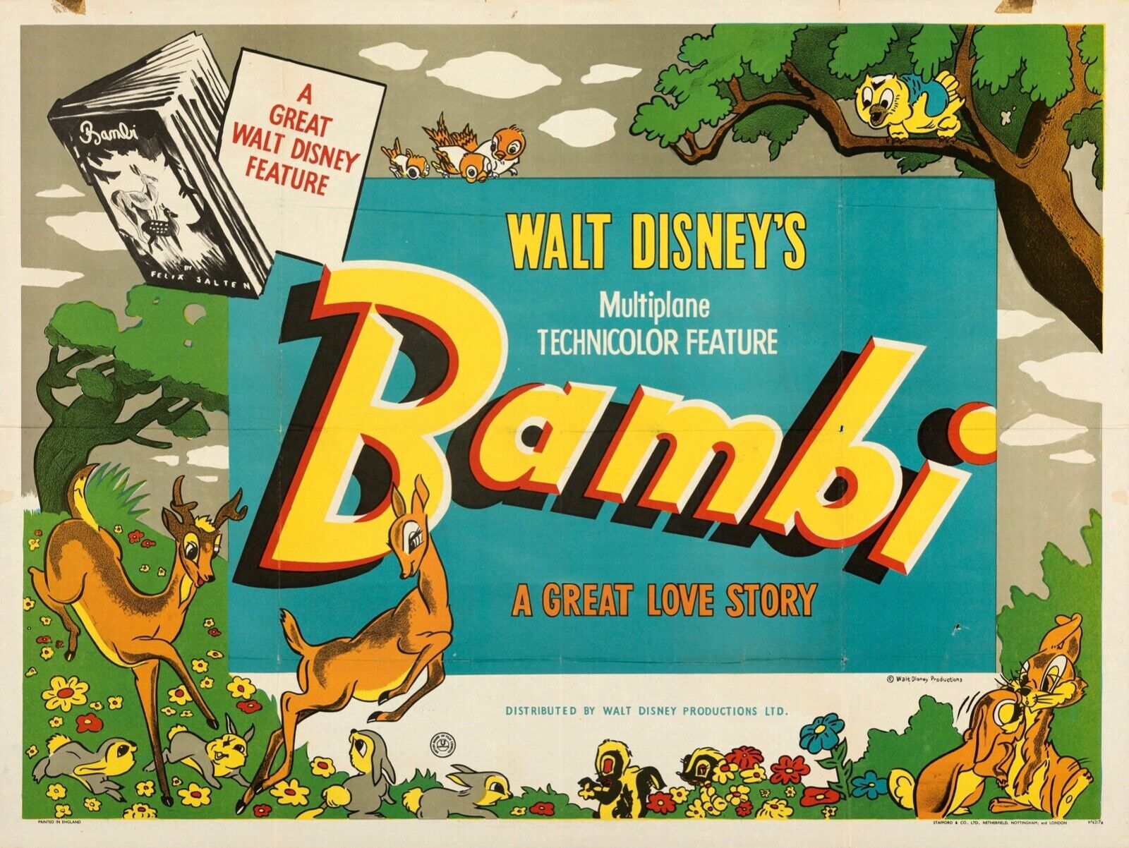 BAMBI, WALT DISNEY, 1942, REPRO MOVIE POSTER, VINTAGE, HQ