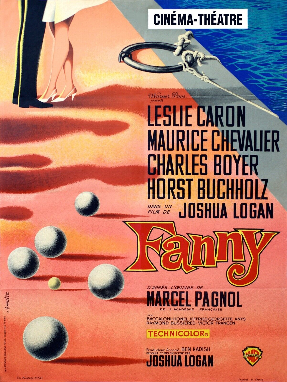 FANNY, LESLIE CARON, MARCEL PAGNOL, PÉTANQUE, 1961, REPRO AFFICHE CINEMA VINTAGE HQ