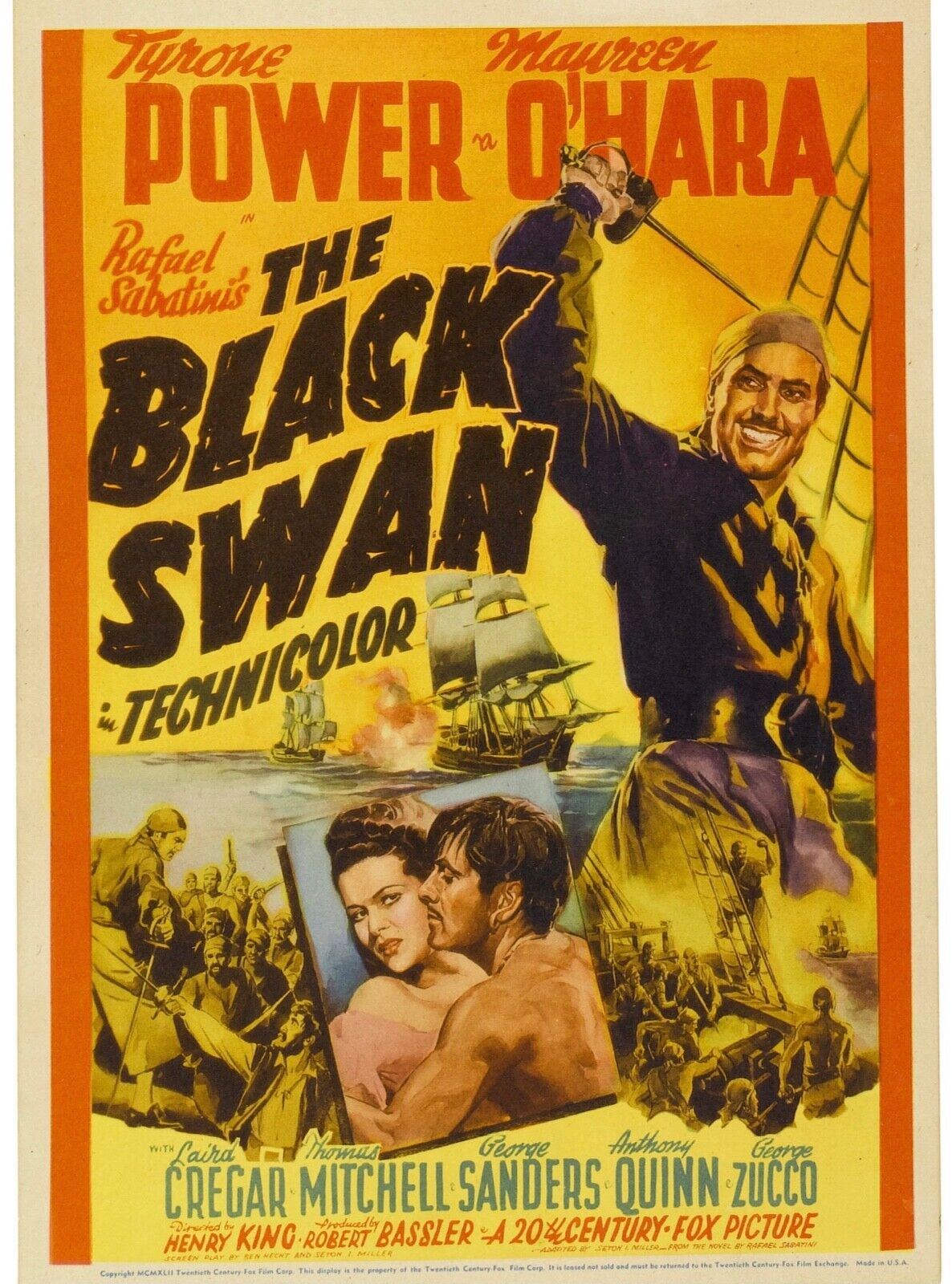 EL CISNE NEGRO, TYRONE POWER, 1942, REPRODUCCIÓN DE CARTEL DE CINE VINTAGE, HQ