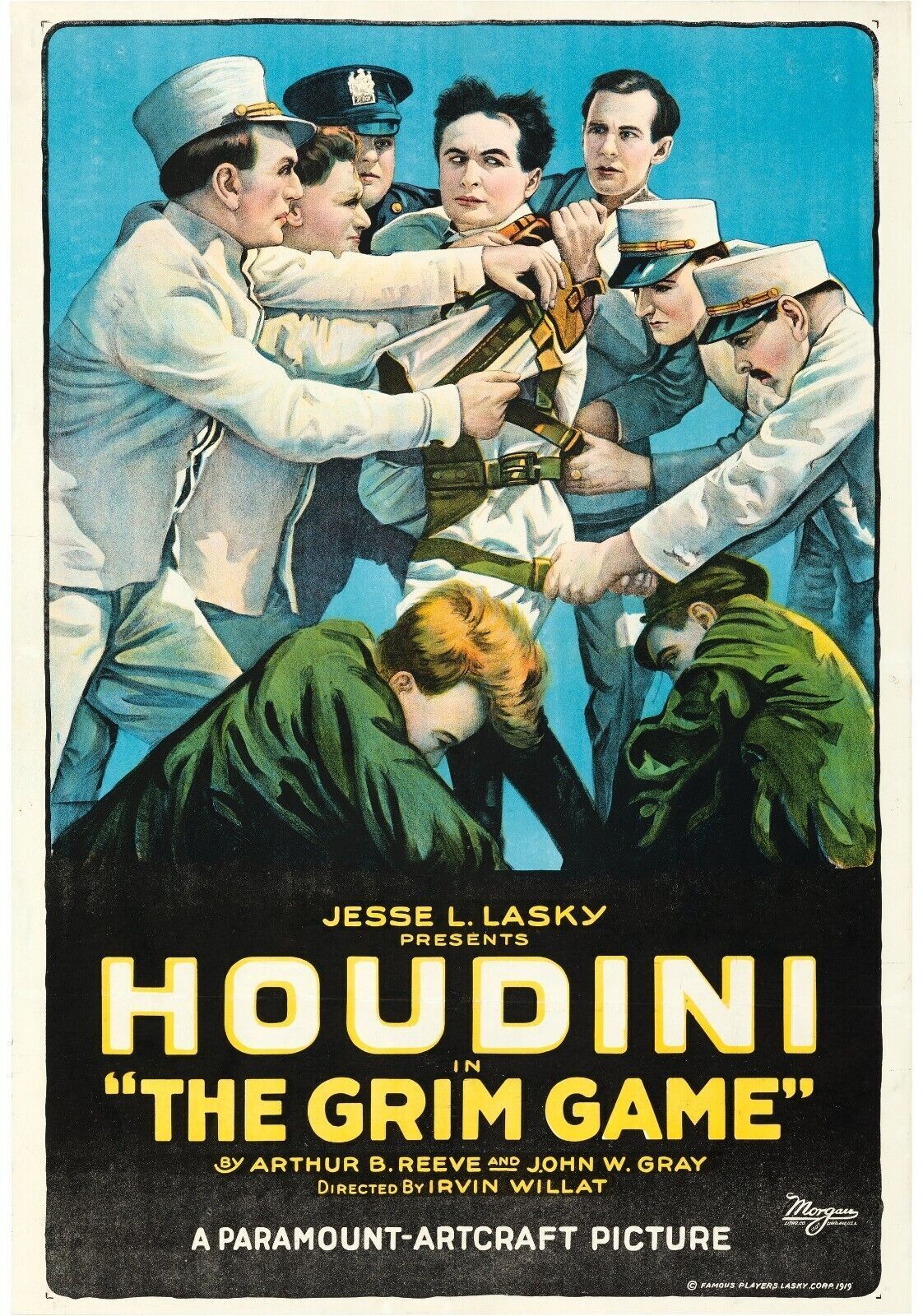 HOUDINI THE GRIM GAME, JESSE L. LASKY, 1919, REPRO MOVIE POSTER, VINTAGE, HQ.