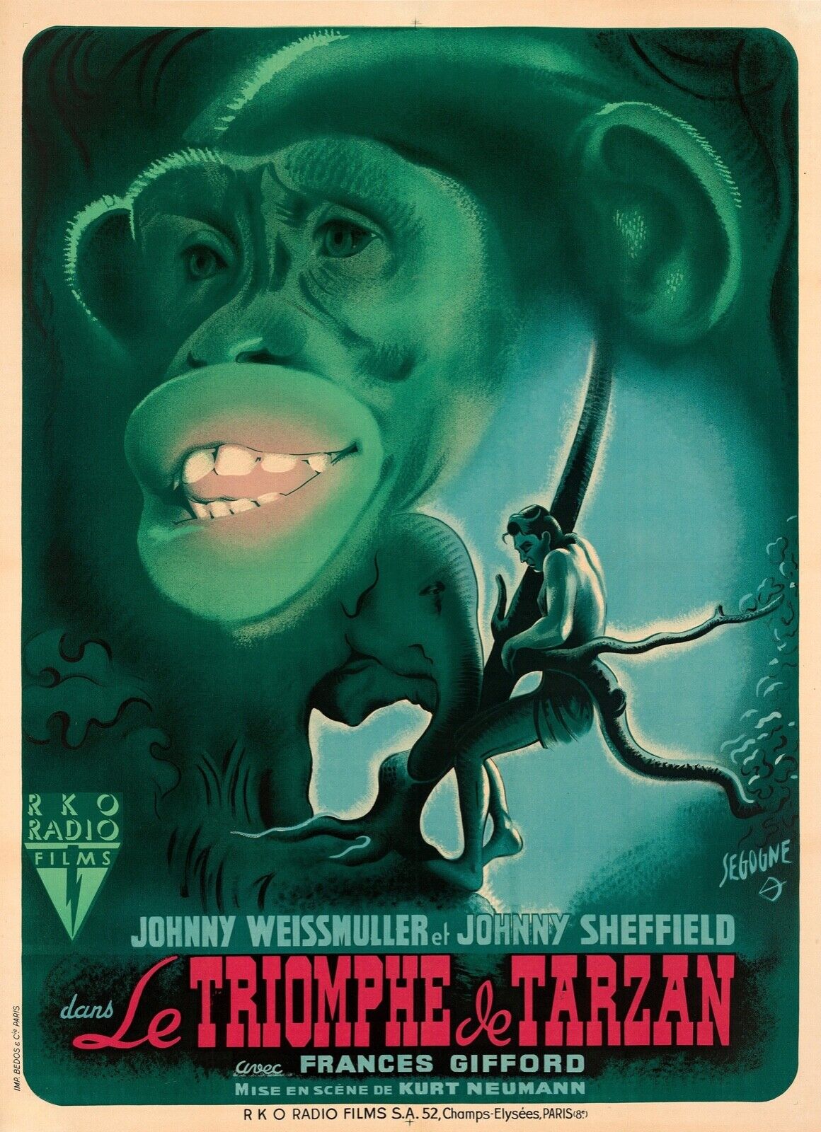 LE TRIOMPHE DE TARZAN – JOHNNY WEISSMULLER, 1943 – REPRO AFFICHE CINÉMA VINTAGE
